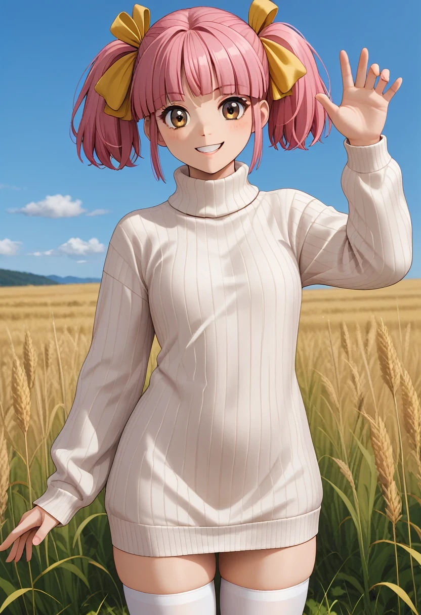 smile
itsuki_momoko, brown eyes, pink hair, short hair, hair ribbon, yellow ribbon, twintails, white sweater, sweater dress, turtleneck, ribbed sweater, long sleeves, white thighhighs, zettai ryouiki, 1girl, solo, (field:1.2), (blue sky:1.2),, (cowboy shot, dynamic pose:1.2),, masterpiece, best quality, good quality, newest, general,