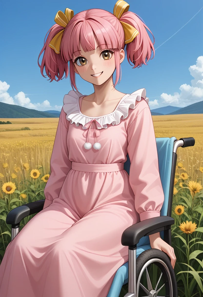 smile, sitting, wheelchair, (cowboy shot:1.2), 
itsuki_momoko, brown eyes, pink hair, short hair, hair ribbon, yellow ribbon, twintails, frills, pom pom \(clothes\), pink sundress, pink pajamas,  long sleeves, long hem, 1girl, solo, (field:1.2), (blue sky:1.2),, masterpiece, best quality, good quality, newest, general,