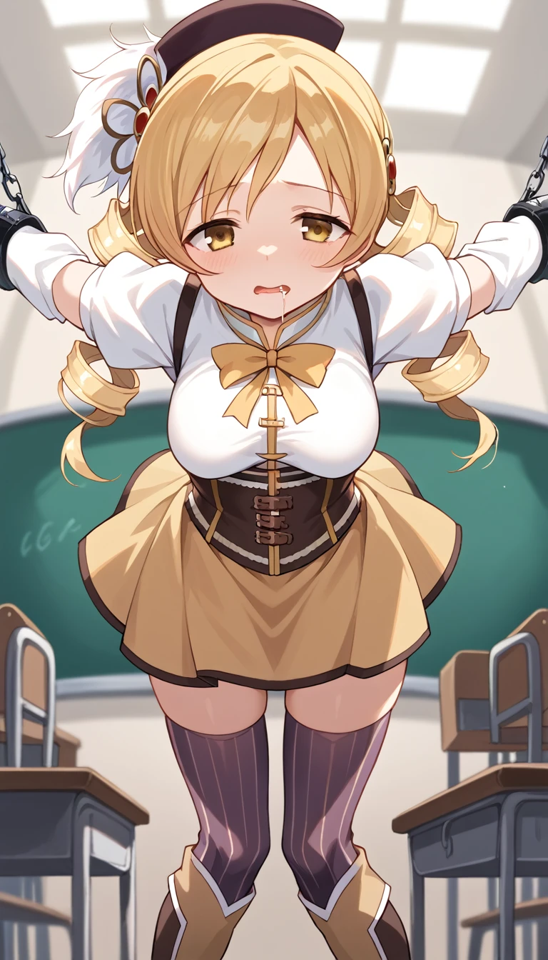 1girl,mami tomoe, blonde hair, drill hair, twin drills, yellow eyes,(classroom :1.2) (restrained hanging:1.5)(drooling:1.1)
 boots, brown footwear, brown gloves, corset, detached sleeves, fingerless gloves, gloves, hat, juliet sleeves, knee boots, long sleeves, magical girl, puffy sleeves, skirt, striped, striped thighhighs, thighhighs, thighs, vertical stripes, vertical-striped thighhighs, yellow skirt ,white underwear ,looking at viewer,