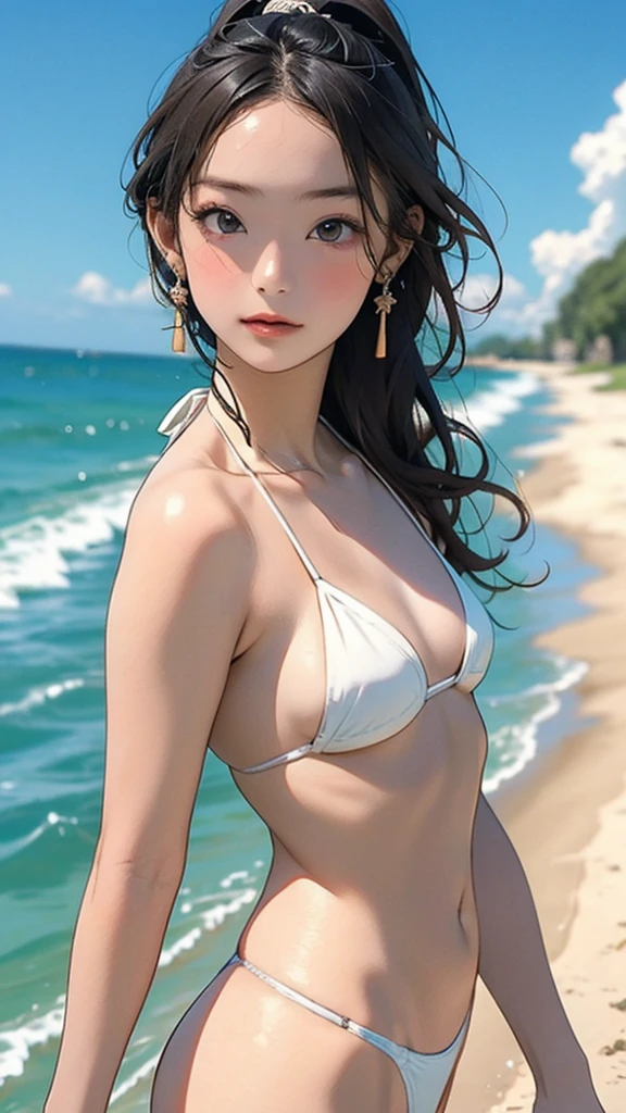 (****ars old:1.4),(Very Young Face), (japan Person famous idol), 1girl, 1girl, (Extremely small white micro bikini style:1.4), Stroll along the seaside, sunshine, (masterpiece:1.0),(best_quality:1.0), ultra high res,4K,ultra-detailed, photography, 8K, HDR, highres, (perfect anatomy:1.2),(Beauty of form:1.4) Golden ratio, big eye,(nature's providence:1.4),