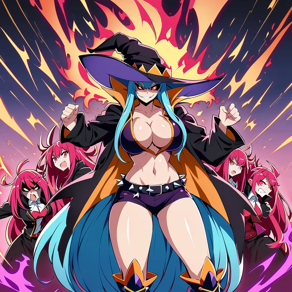 Anime, high detailed, witch girls, multiple girls, extremely long hair, angry eyes, evil grin, red eyes, colored sclera, black sclera, girls surrounding, large breasts, jacket, cleavage, Ribbon, exposed abdomen, spiked belt, witch hat, tall, short shorts, spiked boots, pure evil, flaming aura, magenta aura, evil aura, curvy body, villainous pose, posing together 