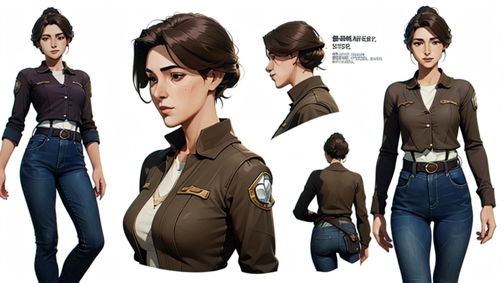 ((character design sheet, same character, front view)), (full body), Sci-fi, industrial cassette futurism, (masterpiece), (Best quality), (perfect face), illustration, 1girl, worn and dirty mechanics jump suit, loose jeans, tool belts, mature age, detailed hair, pretty face, happy, plain background