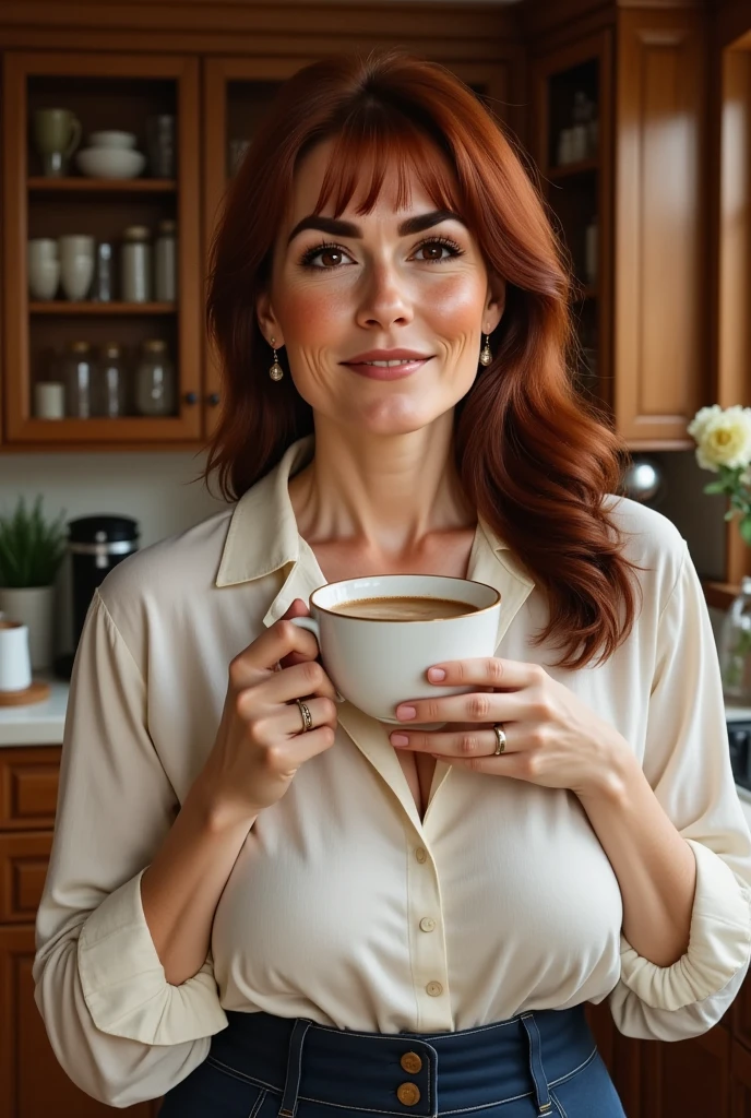 Photorealistic, cinematic style, candid 3/4 angle picture of a mature beautiful British woman drinking coffee in her kitchen.She has Brown eyes, downturned eye shape. looking in the camera. Smile. She has long reddish-brown hair, ((fringe bangs hairdo)). Cream white linen blouse, high-rise dark blue skirt. Perfect hand,HDR, intricate details,
