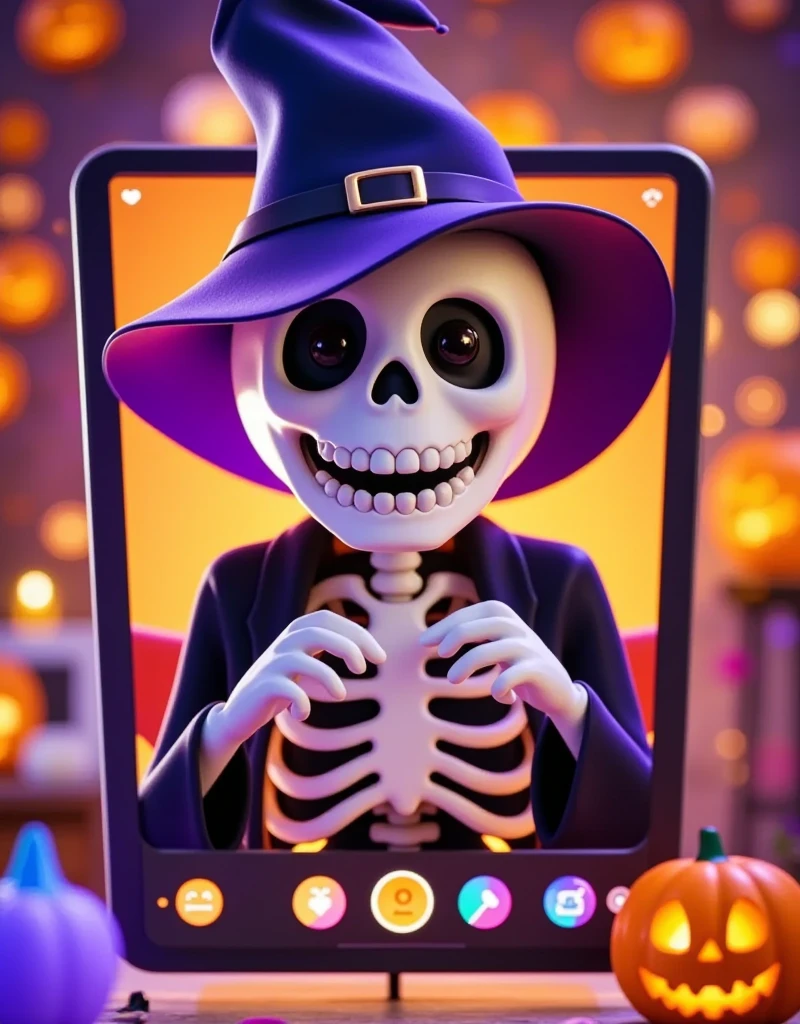 (far view: 1.0), (wide angle: 1.0), Cartoon，Halloween，Cartoon，一个Cartoon幽灵玩偶，Dissecting from the Middle ，( Half Plastic Material :1.5)，( Half Plastic Skull Skeleton :1.5)， wearing a pointed wizard hat，Halloween南瓜背景， X-Ray Style Trendy Play ， Anatomical Style Doll ， Purple Orange Ambient Light ，Fresh and natural，fairy tale，color， abstract composition ，奇幻Cartoon， dreamy emotion , 3d, C4D render, ultra-high detail, vibrant colors, bright, RGB, colorful, (high contrast: 1.5), magazine photography,  popular on social media , ((Dopamineism)), (((Dopamineism))), facing the screen, dopamine colors, high saturation, high contrast, high definition, 8k, (in the style of Y2K), 1wsjbx1 