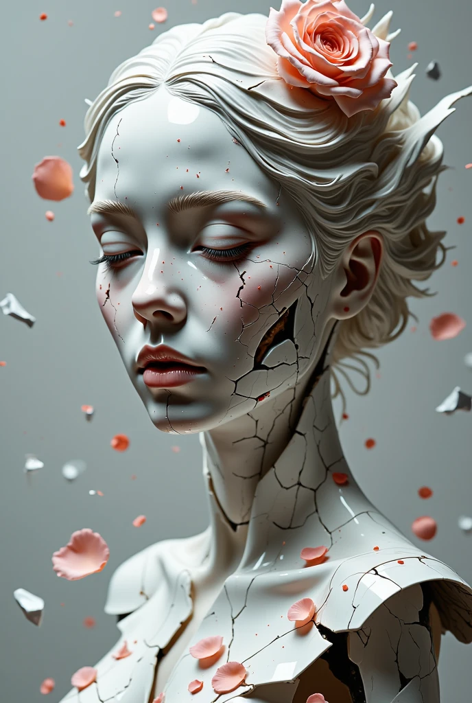  beautiful figure female death , Broken android, Digital Art,  cracked porcelain face ,  futuristic appearance , striking, skull, Vulnerable, emotion, Broken into pieces, Broken Glass,  broken fragments of a woman's body, porcelain, Broken, destroyed , Abstract pattern, Tile art, Rose, (( medium panoramic photography :1.5)), Movie, White and light gray, Shallow depth of field,