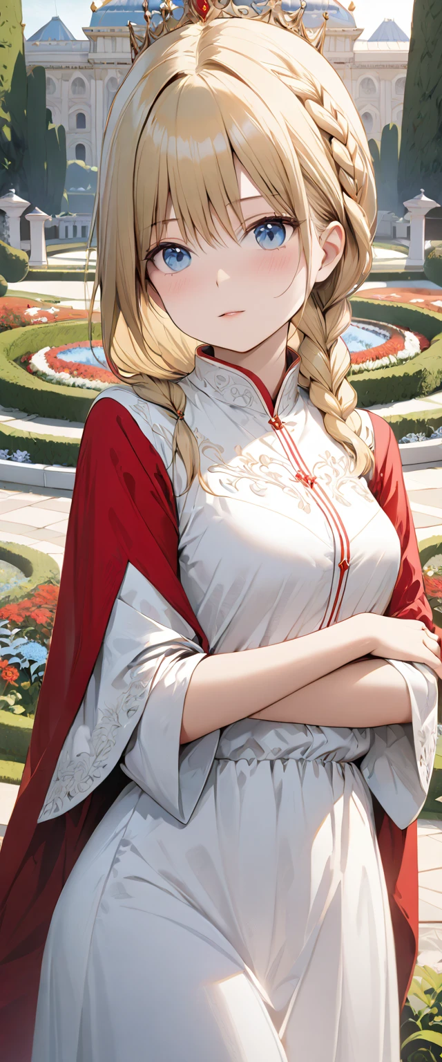 masterpiece, Best Quality,  very detailed , 16k,  super high definition ,  cowboy shot, Detailed face, Perfect fingers,  woman, ,  blue eyes , blonde,  braid, royal palace, garden, , Woman wearing a red and white dress and a red and white robe