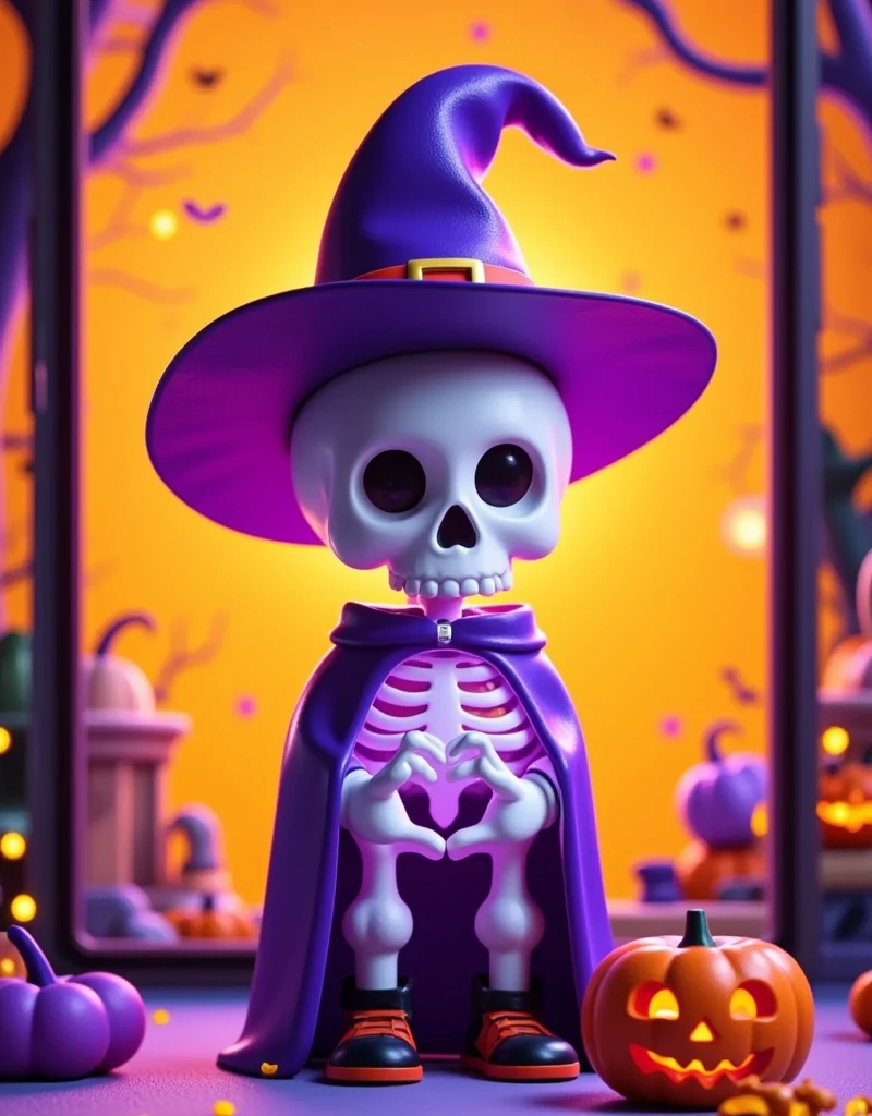 Cartoon，Halloween，Cartoon，一个Cartoon幽灵玩偶，Dissecting from the Middle ，( Half Plastic Material :1.5)，( Half Plastic Skull Skeleton :1.5)， wearing a pointed wizard hat，Halloween南瓜背景， X-Ray Style Trendy Play ， Anatomical Style Doll ， Purple Orange Ambient Light ，Fresh and natural，fairy tale，color， abstract composition ，奇幻Cartoon， dreamy emotion , 3d, C4D render