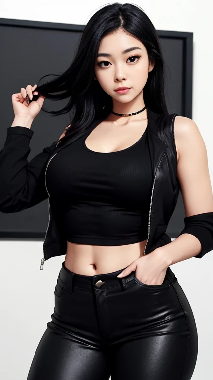 A girl has large breasts and long black hair and is wearing her black tank top with a black jacket and black pants 