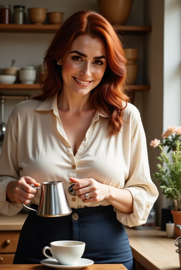 Photorealistic, cinematic style, candid 3/4 angle picture of a mature beautiful British woman making coffee in her kitchen.She has Brown eyes, downturned eye shape. looking in the camera. Smile. She has long reddish-brown hair, ((fringe bangs hairdo)). Cream white linen blouse, high-rise dark blue skirt. Perfect hand,HDR, intricate details,
