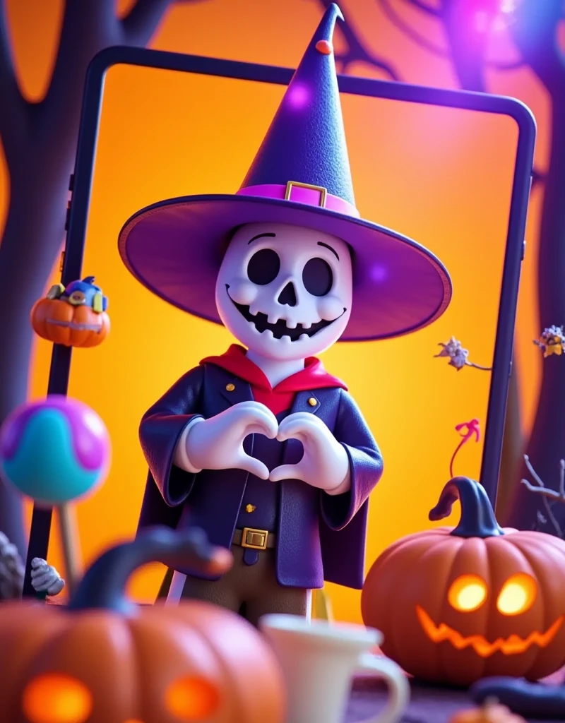 Cartoon，Halloween，Cartoon，一个Cartoon幽灵玩偶，Dissecting from the Middle ，( Half Plastic Material :1.5)，( Half Plastic Skull Skeleton :1.5)， wearing a pointed wizard hat，Halloween南瓜背景， X-Ray Style Trendy Play ， Anatomical Style Doll ， Purple Orange Ambient Light ，Fresh and natural，fairy tale，color， abstract composition ，奇幻Cartoon， dreamy emotion , 3d, C4D render, 1wsjbx1 