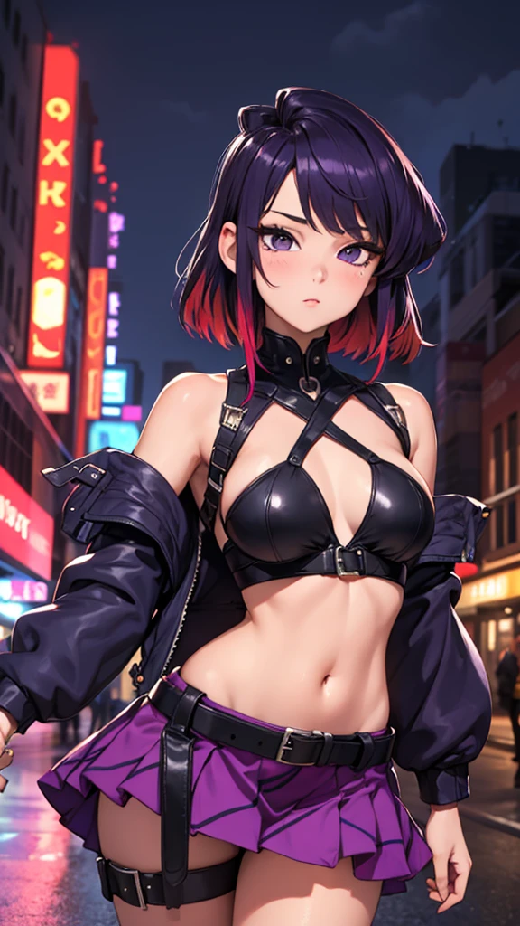 portraite, 1 girl, beautiful face, asymmetrical hair, multicolored hair, waist belt, May, covered mouth, covered navel, detached sleeves, purple-eyed, hip ventilation, open jacket, purple skirt, cute, Look to viewer, nighttime city, neon, rainny,