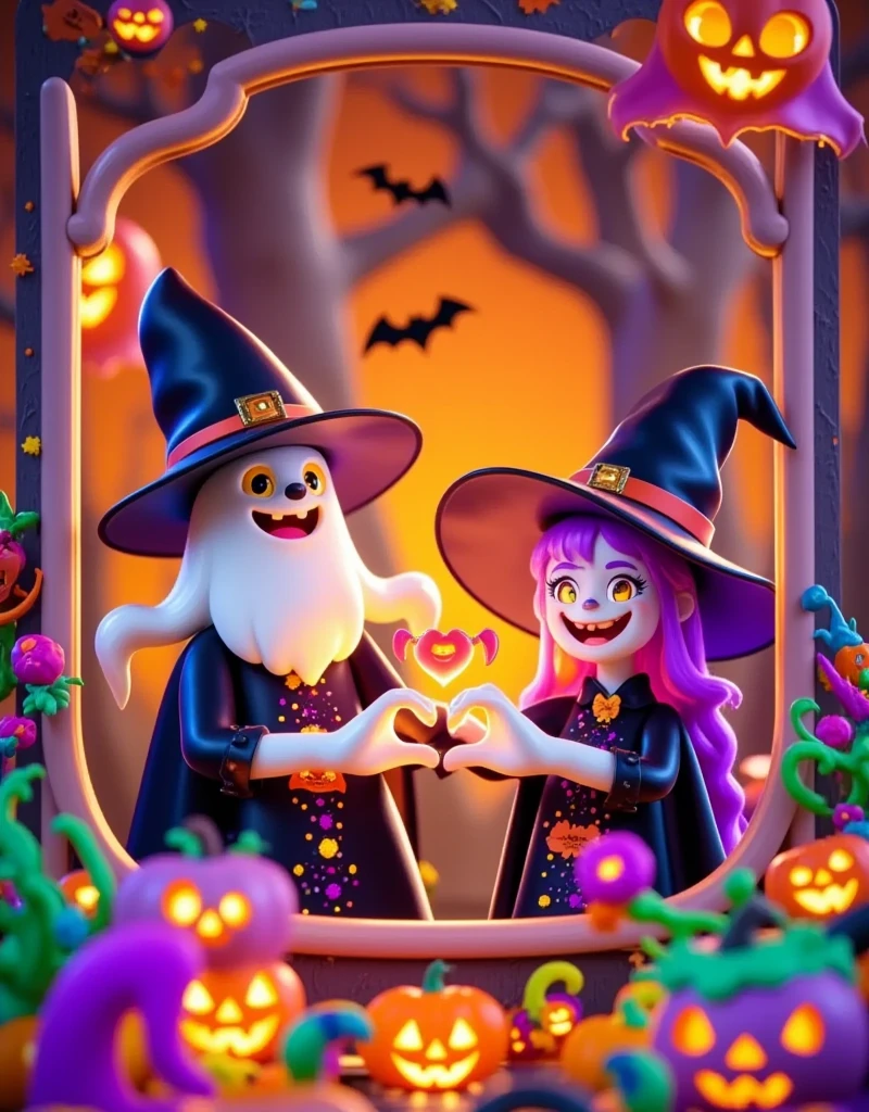 On a Halloween-themed night, an elderly male wizard sat before the chessboard, his long white beard gently swaying in the breeze, his cloak adorned with twinkling star patterns. Across from him sat a beautiful witch, wearing a black, flowy dress embellished with intricate patterns of moons and stars. They were engaged in a unique chess game, the pieces emitting a mysterious glow, with some even transforming into small creatures moving across the board. The surrounding forest was shrouded in ghostly mist, (pumpkin lanterns flickering warmly under the trees:1.3), (the ground covered with colorful candy:1.6), (a group of curious forest animals and a few playful little ghosts gathered around:1.6), quietly observing this strategic game. Bats hung from the branches, and the pumpkin lanterns illuminated the focused expressions of the wizard and witch, the entire scene filled with a mysterious and magical Halloween atmosphere, comic, Line art, vector graphics, illustration, colored pencil， Purple Orange Ambient Light ，Fresh and natural，fairy tale，color， abstract composition ， fantasy cartoon ， dreamy emotion , 3d, C4D render