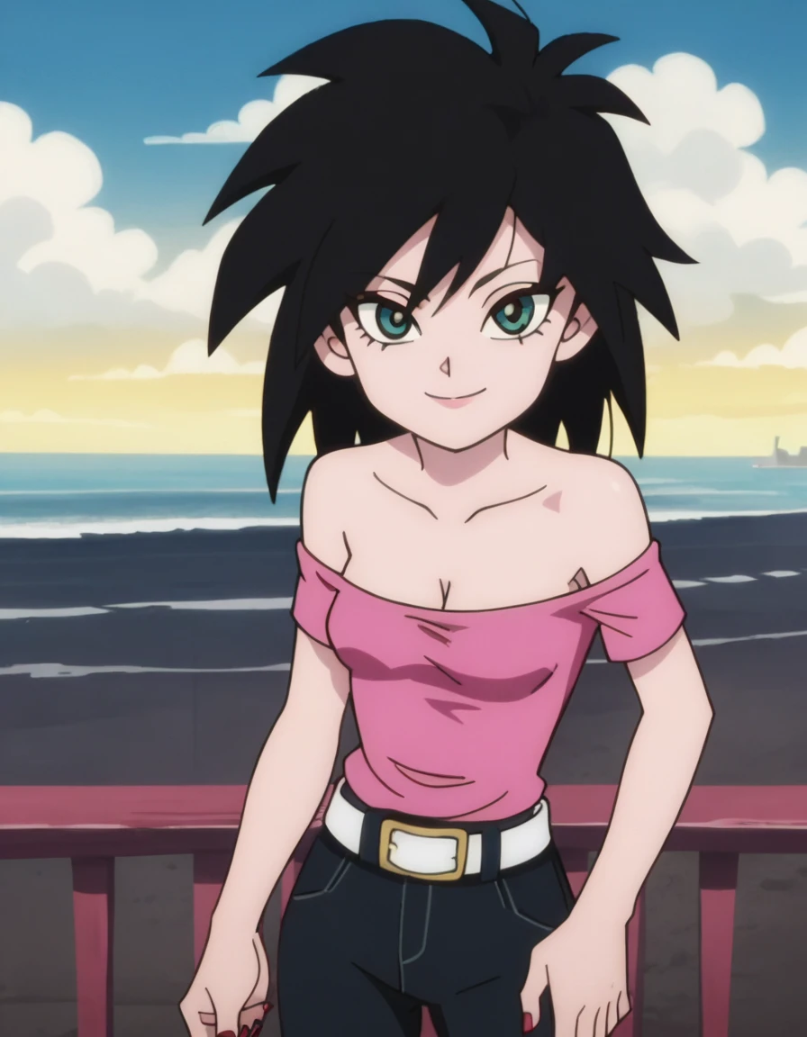 p&s style, rating_safe, score_10, sharp, anime screencap, flat shadows, flat colors, gine, 1girl, solo, breasts, looking at viewer, black hair, arms by side, upper body, outdoors, green eyes, smile, black spiked hair, street, pink shirt, strapless, cleavage, white belt, black pants, small breasts, sky, clouds, cityscape, smile, looking at viewer, cowboy shot, railing, red fingernails, eyelashes, collarbone, cowboy shot