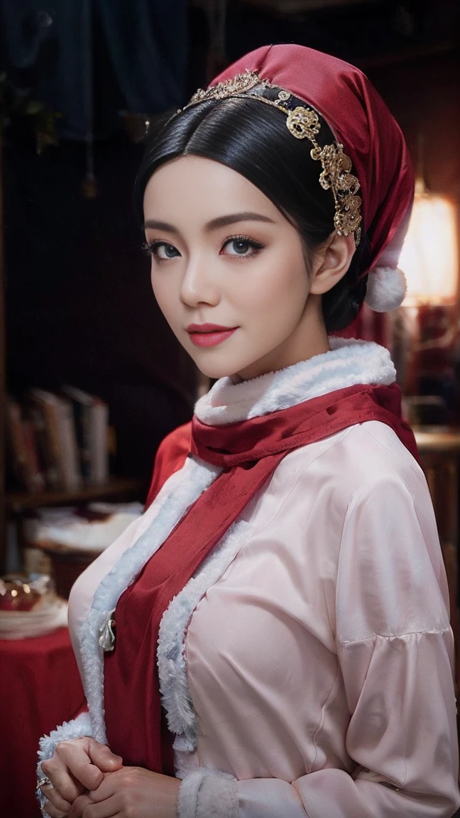 a beautiful empress portrait, black hair, perfect blue eyes, with a brilliant, impossible striking big Christmas headpiece, sexy skimpy clothes Santa robes, everything Christmas, snow, symmetrical, dramatic studio lighting, rococo, baroque, asian, hyperrealism, closeup, D&D, fantasy, intricate, elegant, highly detailed, digital painting, artstation, octane render, 8k, concept art, matte, sharp focus, big breasts, slender body, full body shot 