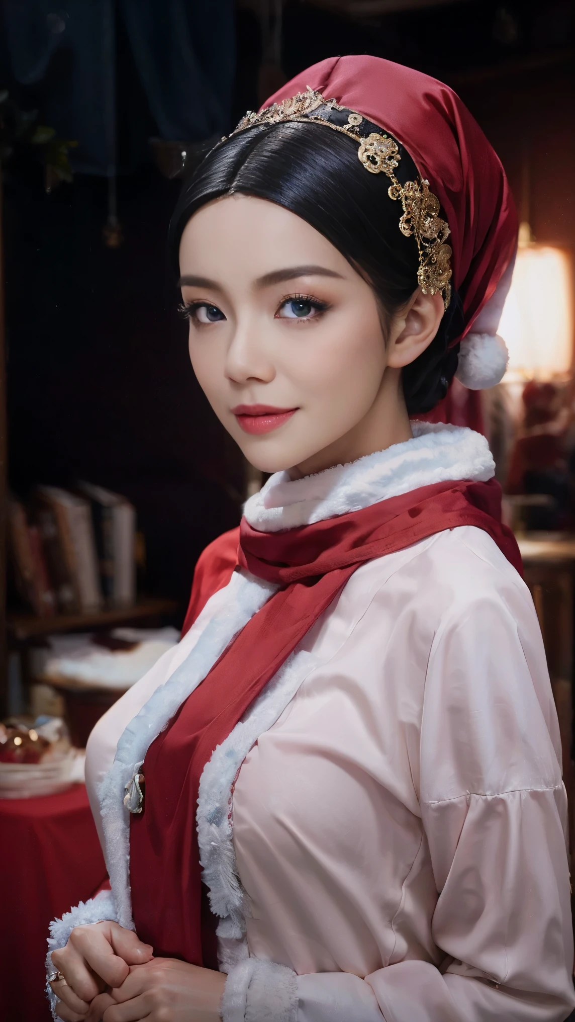 a beautiful empress portrait, black hair, perfect blue eyes, with a brilliant, impossible striking big Christmas headpiece, sexy skimpy clothes Santa robes, everything Christmas, snow, symmetrical, dramatic studio lighting, rococo, baroque, asian, hyperrealism, closeup, D&D, fantasy, intricate, elegant, highly detailed, digital painting, artstation, octane render, 8k, concept art, matte, sharp focus, big breasts, slender body, full body shot 