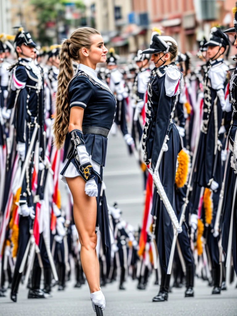 ((best quality)), ((best work)),(( ultra detail)), portrait, wide shooting angle, female majorette, beautiful, sexy, (half ponytail hair), detailed eyes, detailed face, bright face , big breasts, sweet smile, dynamic pose, holding a stick, (majorette uniform), cleavage, (short folded skirt), lingier, stockings, big thighs, shoes, background, neatly lined up marching band, streets, crowded, buildings, highly detailed, photo realistic, ((depth of field)), soft lighting, three items in the art station, conceptual art, ((intricate detail)), canon_dslr, hdr, 8k, back view