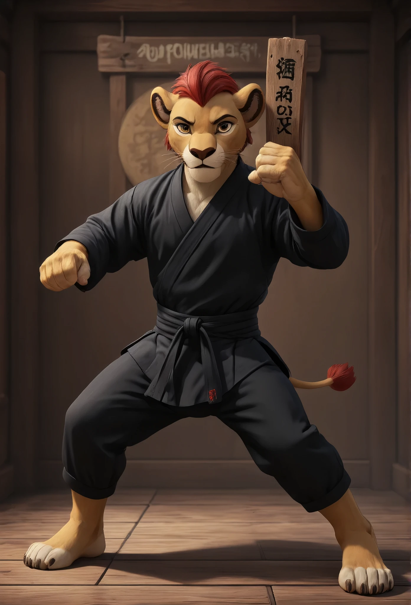 (((Barefoot furry character, full body, cinematic setting, furry boy, anthro lion, plantigrade))), (((anime))). beefy, muscular (((Kion))), (((younger Kion wearing black karate kimono))), focused, determined, perform powerful karate punch with his hand, ((nice detailed feet paws with claws))), (((four toes))), short red hair, red tip of a tail, (((correct anatomy))) (((smashes a wooden sign that says "200 followers"))), punches wooden plaque with the inscription "200 followers", hand strike BREAK, intricate details, highly detailed, extreme detail, octane render, fine art, best quality, highres, (detailed face:1.5), ((full_body)), UHD, (((perfect hands))), ((low light:1.5))