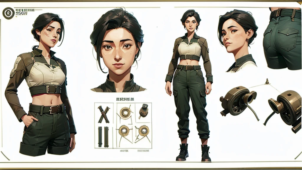 ((character design sheet, same character, front view)), (full body), Sci-fi, industrial cassette futurism, (masterpiece), (Best quality), (perfect face), illustration, 1girl, over coat, visible midriff, worn and dirty mechanics jump suit, baggy pants, tool belts, mature age, detailed hair, pretty face, happy, plain background