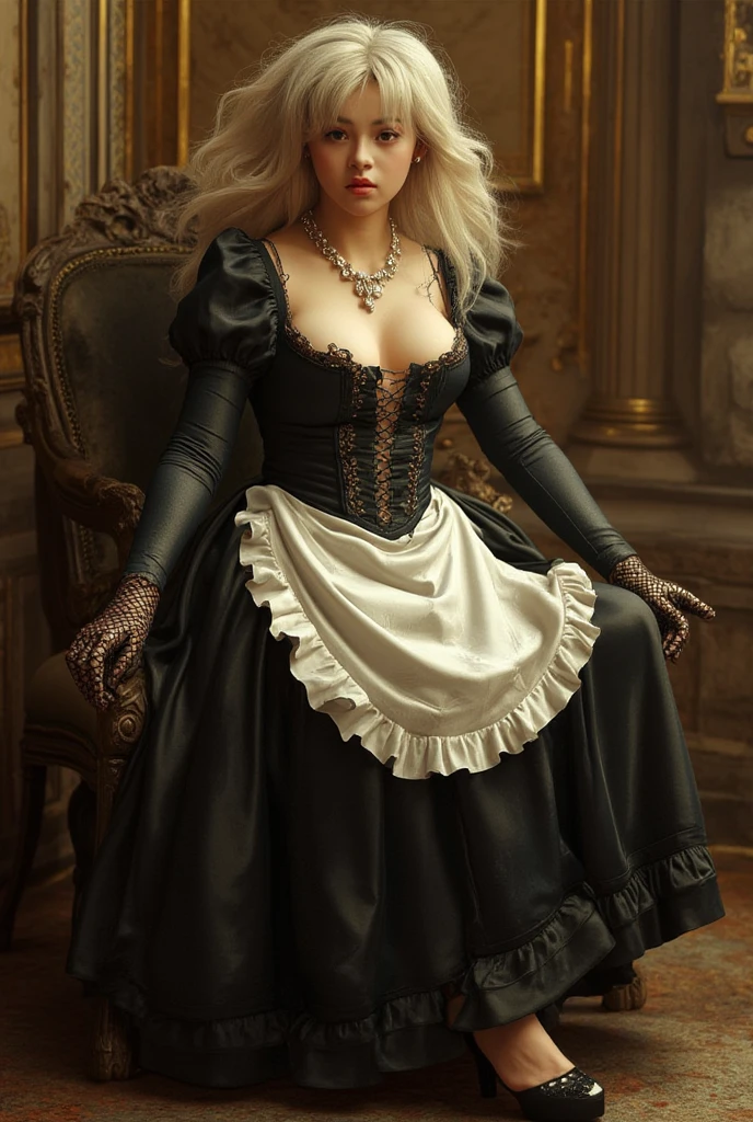 18-year-old girl in maid outfit with big breasts (Gothic style) torn skirt golden body proportion messy blond hair (inner splayed feet) (very detailed CG unity 8k wallpaper) big breasts torn skirt ruddy and shy Ed Blinkey America&#39;s most beautiful body art, ATey Ghailan, painting by Jeremy Professional Gorgeous Mann, Greg Manches, Antonio Moro, Artstation Trends, CGSOC IETY TRENDS, intricate, tall detailed, accurate, dramatic realism art, cg, 3d, 8k 4k