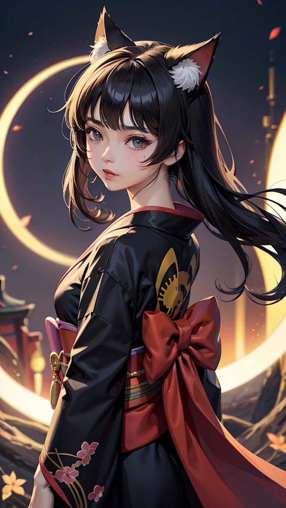 Anime cat ear girl wearing a kimono with cat ears, Shoulder to look, Yang Jie&#39;s Animation, pixiv contest winners, Serial Art, Digital Anime Illustration, kawashi, Anime style illustration, Anime style 4K, Beautiful anime character portrait , Anime style portrait, Anime style artwork, Rose-style artwork, Anime illustrations,  digital anime art , Detailed  digital anime art ,  beautiful starry sky , ((Beautiful night view))