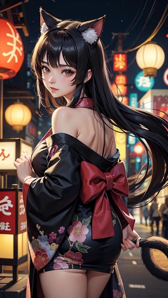 Anime cat ear girl wearing a kimono with cat ears, Shoulder to look, Yang Jie&#39;s Animation, pixiv contest winners, Serial Art, Digital Anime Illustration, kawashi, Anime style illustration, Anime style 4K, Beautiful anime character portrait , Anime style portrait, Anime style artwork, Rose-style artwork, Anime illustrations,  digital anime art , Detailed  digital anime art ,  beautiful starry sky , ((Beautiful night view))