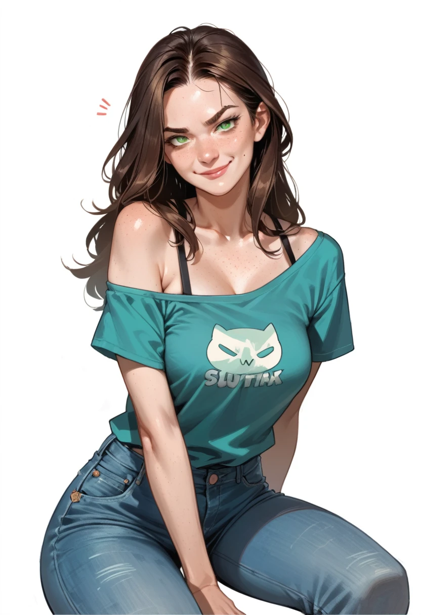 Cartoon of a girl, sexy, slutty, seductive, brown hair, long hair, green eyes, closed mouth, smirk, freckles, perfect face, jeans, blue off-shoulder shirt, subtle cleavage, small breast, simple white background, lewd, pushing up breasts
