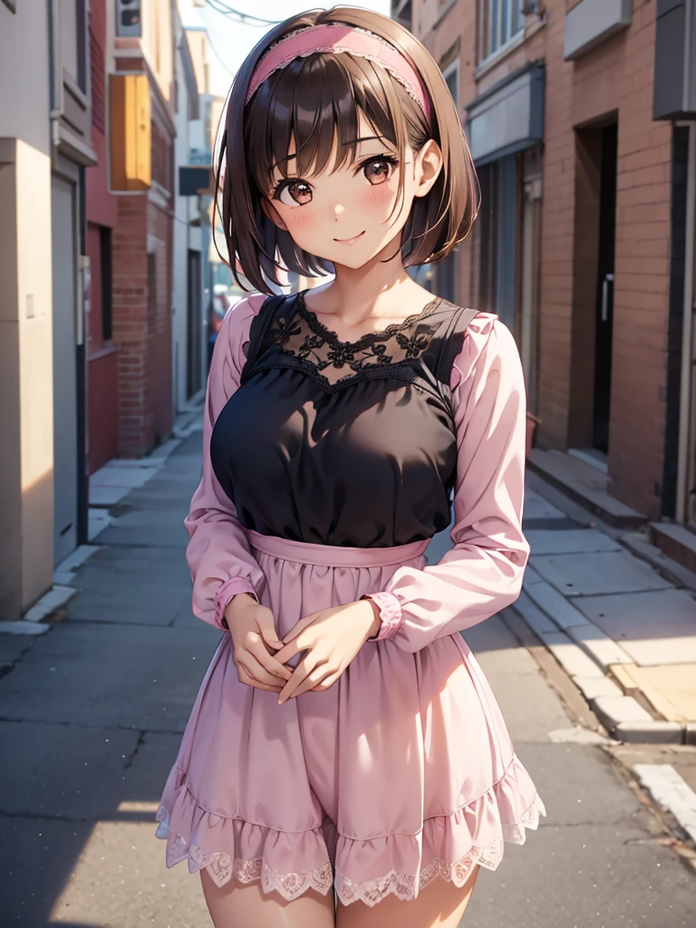  Kampala,cute, Brown Eyes ,Brown Hair,20-year-old woman,solo,Five beautiful fingers, pink blouse with lace ,black miniskirt with lace, pink headband with lace,smile,B Cup, short hair,Looking at the camera,Blurred Background,bustling street, landmine fashion,