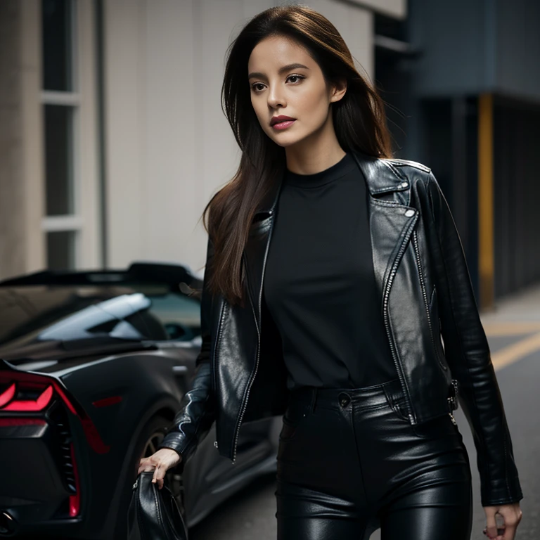 Woman leaning out of a dirty car firing a rifle, long hair, black leather pants, printed T-shirt, black leather jacket, Corvette, photorealistic,