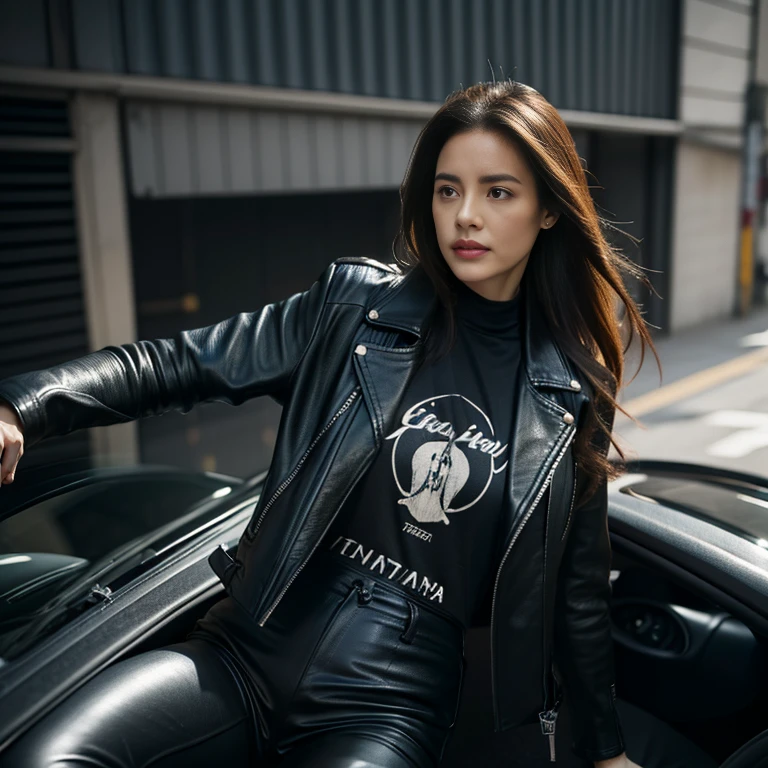 Woman leaning out of a dirty car firing a rifle, long hair, black leather pants, printed T-shirt, black leather jacket, Corvette, photorealistic,