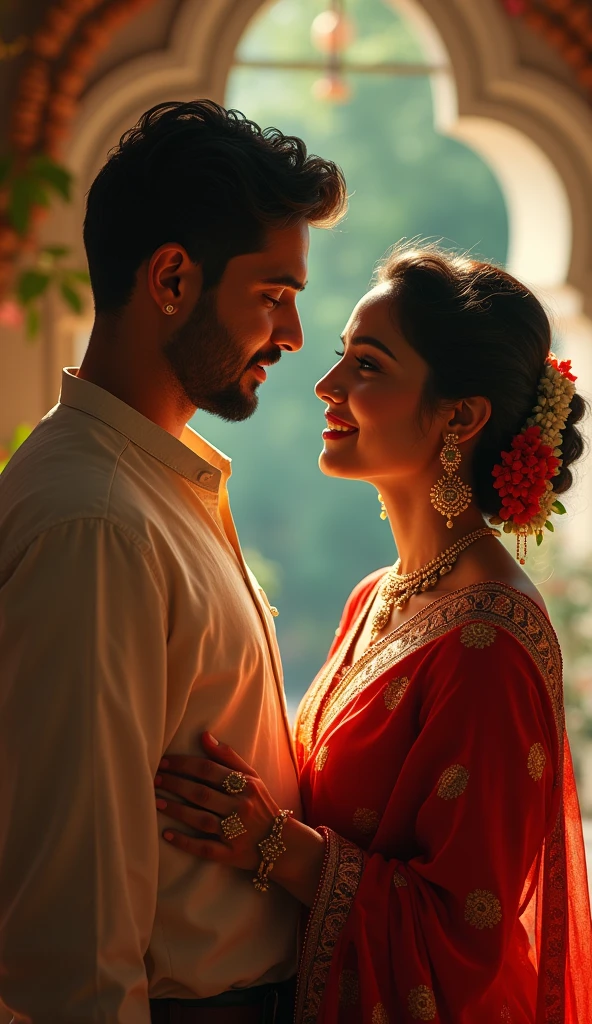  beautiful and independent woman, dressed in a traditional saree. her housband kissing her forhead 