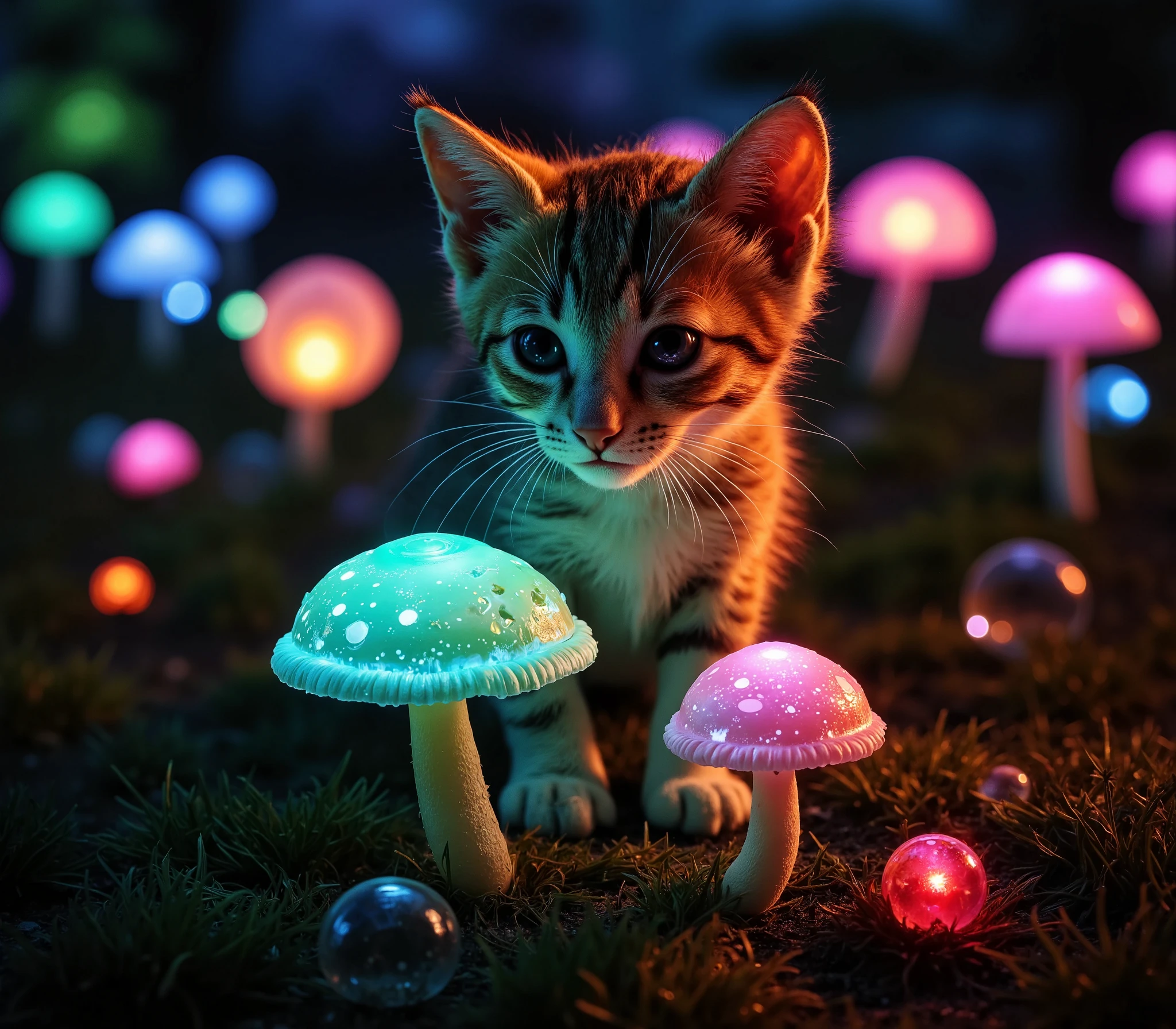 a kitten eating glowing magic mushrooms, glowing mushroom field, colorful, fantasy, adorable kitten, cute kitten, whimsical, dreamlike, vibrant colors, surreal, psychedelic, bioluminescent mushrooms, mystical, magical realism, highly detailed, 8k, photorealistic, cinematic lighting, dramatic shadows, volumetric lighting