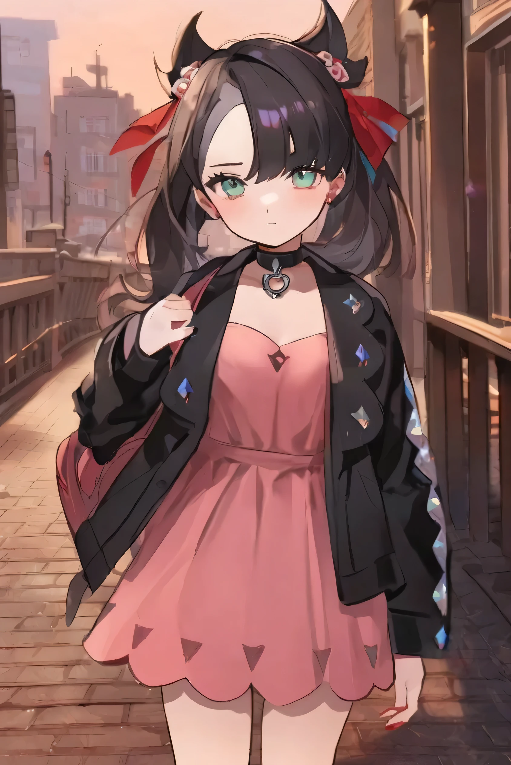 score_9, score_8_up, score_7_up, source_anime,
pokemonmarnie, 
pokemonmarnie, aqua eyes, asymmetrical bangs, asymmetrical hair, black hair, hair ribbon, long hair, red ribbon, ribbon, twintails,
backpack, bag, black choker, black jacket, choker, dress, earrings, jacket, jewelry, long sleeves, open clothes, pink bag, pink dress,
outdoors, cityscape,
looking at viewer, cowboy shot, dutch angle,