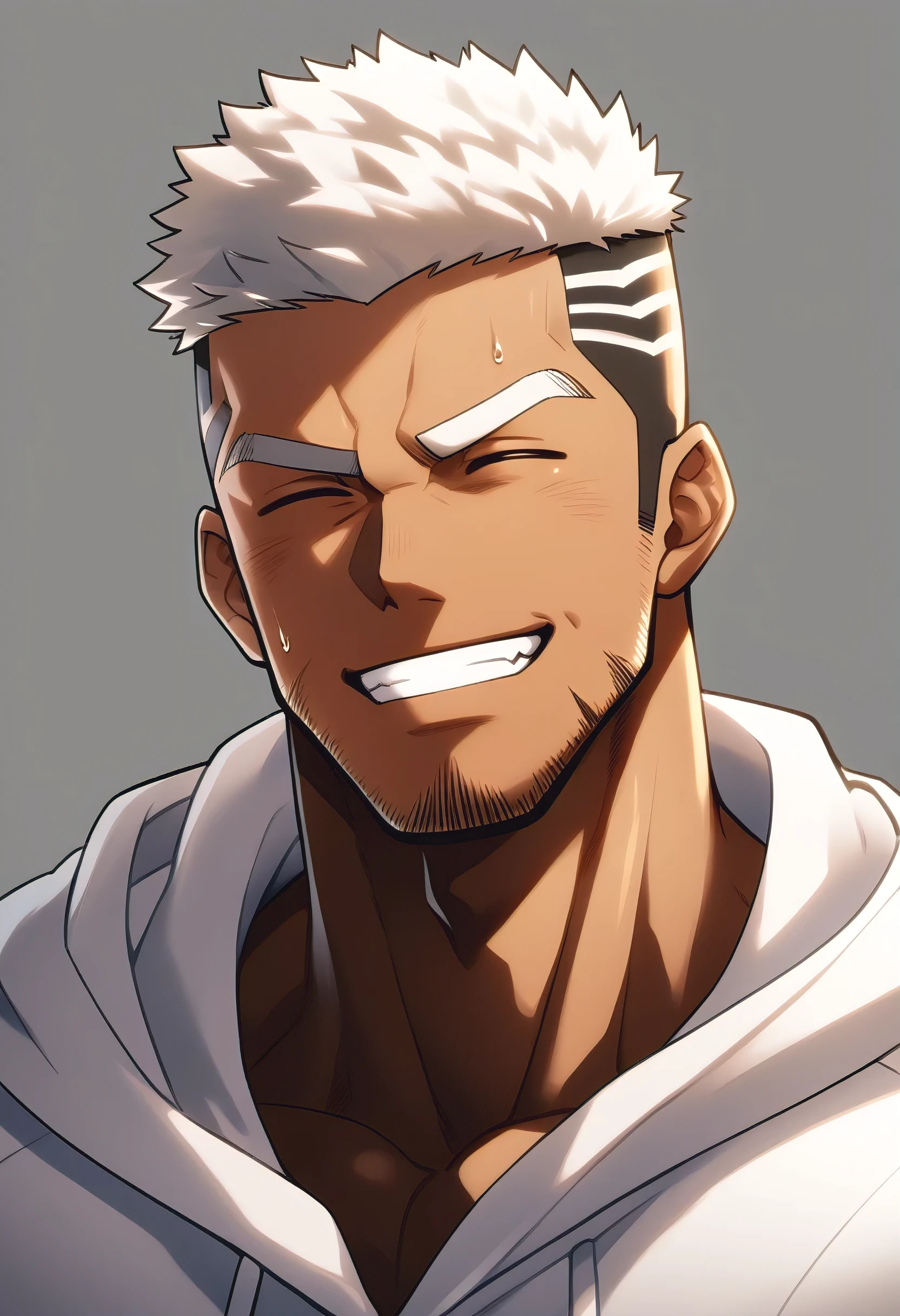 One Black person, anime characters：Gyee, Young Muscle Sports Sexy Teacher, sweat, negro black skin, pectoralis major, male focus, White hooded sports sweatshirt, Wear a black high-necked tights inside, Very tight, muscular male, muscular, only, Upper body, White short hair, Thick eyebrows, stubble, Grey background, simple background, amazing quality, best aesthetics, Ridiculous,crew cut, parted lips, Show your teeth, Embarrassed giggles, He smiled and narrowed his eyes, Squinting smile, best quality