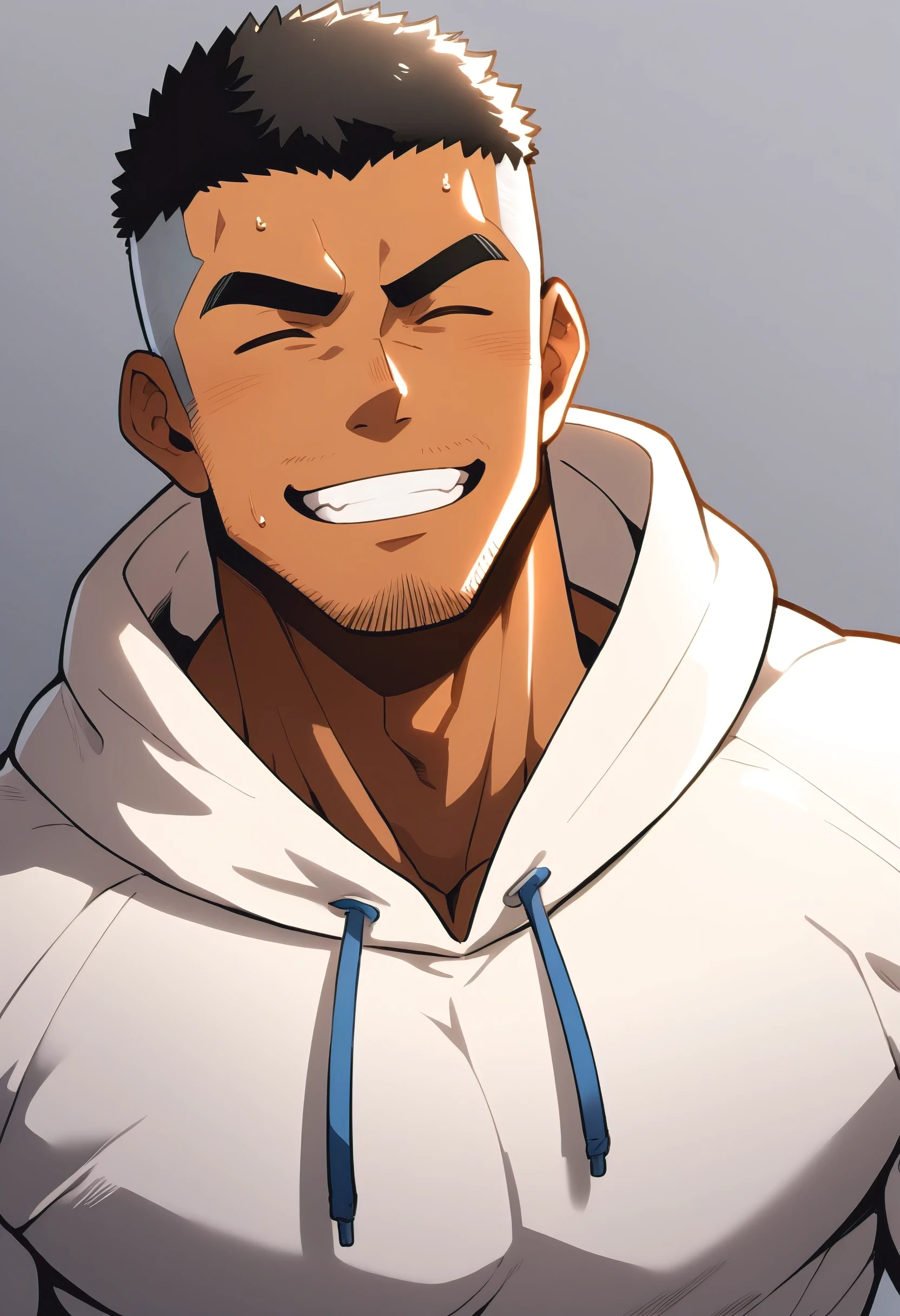 One Black person, anime characters：Gyee, Young Muscle Sports Sexy Teacher, sweat, negro black skin, pectoralis major, male focus, White hooded sports sweatshirt, Wear a black high-necked tights inside, Very tight, muscular male, muscular, only, Upper body, White short hair, Thick eyebrows, stubble, Grey background, simple background, amazing quality, best aesthetics, Ridiculous,crew cut, parted lips, Show your teeth, Embarrassed giggles, He smiled and narrowed his eyes, Squinting smile, best quality