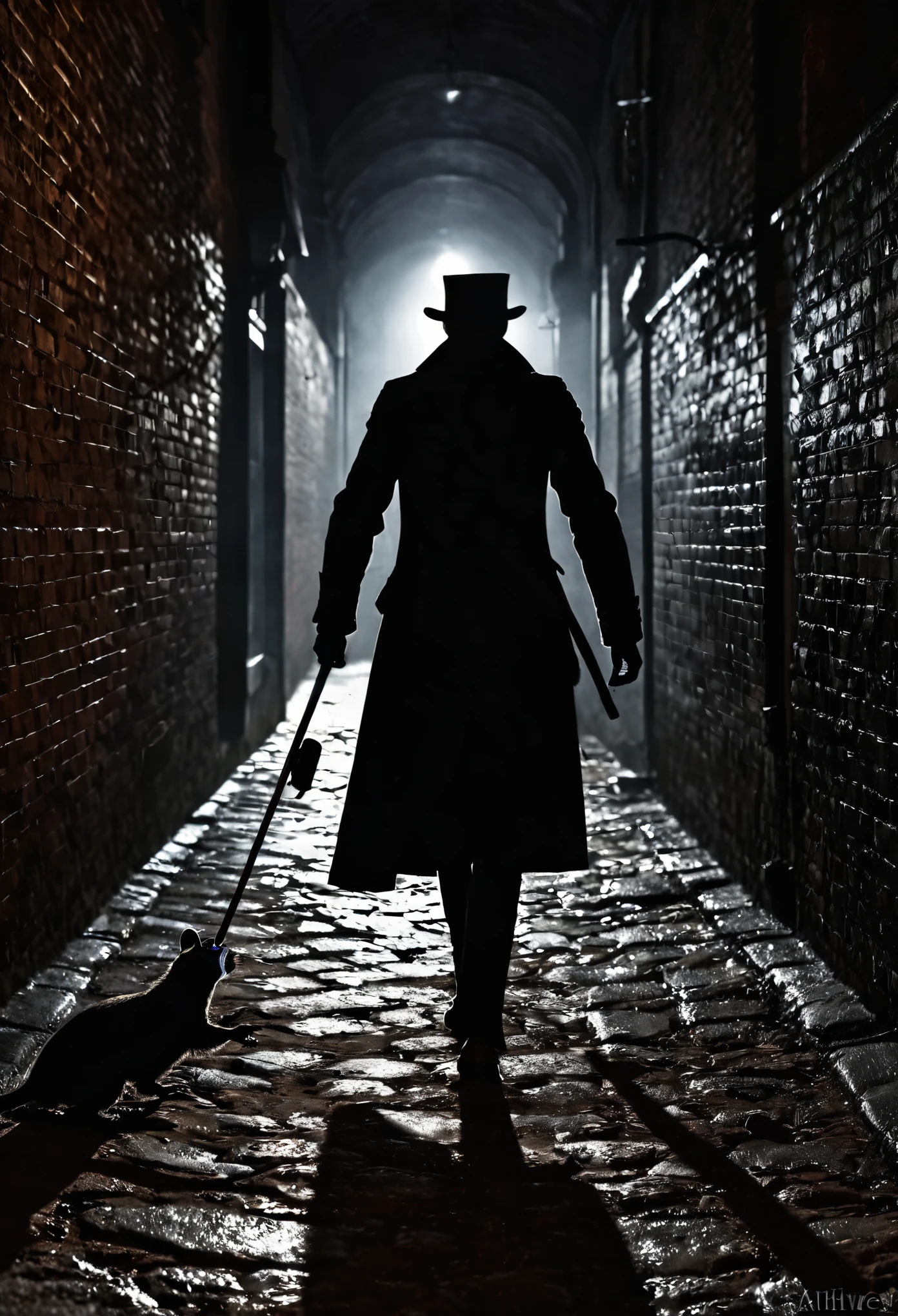 Victorian era, darkness, dark alley, man (dark silhouette )  in the coat and cylinder goes forward ,  is turned with its back to us ,  in the left hand the cane ,  in the right hand, the revolver, a lot of darkness ,  black rats with red eyes run across the ground