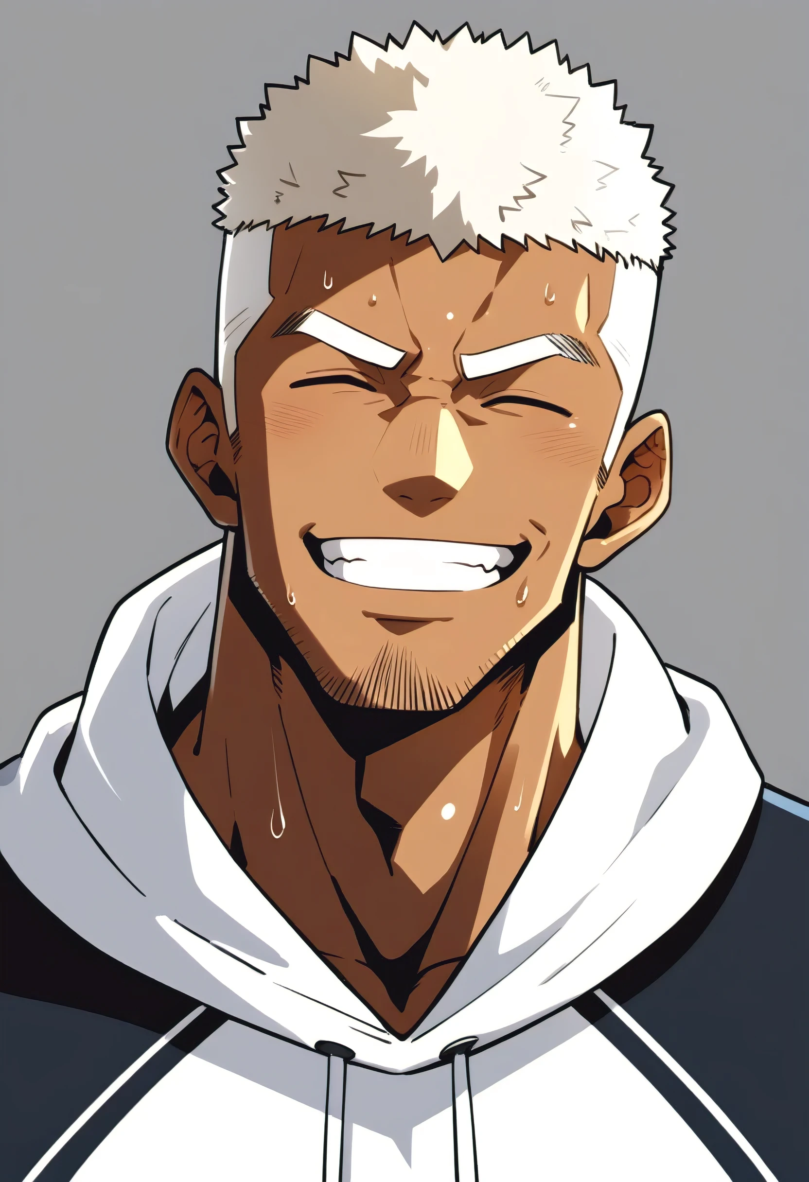 One Black person, anime characters：Gyee, Young Muscle Sports Sexy Teacher, sweat, negro black skin, pectoralis major, male focus, White hooded sports sweatshirt, Wear a black high-necked tights inside, Very tight, muscular male, muscular, only, Upper body, White short hair, Thick eyebrows, stubble, Grey background, simple background, amazing quality, best aesthetics, Ridiculous,crew cut, parted lips, Show your teeth, Embarrassed giggles, He smiled and narrowed his eyes, Squinting smile, best quality