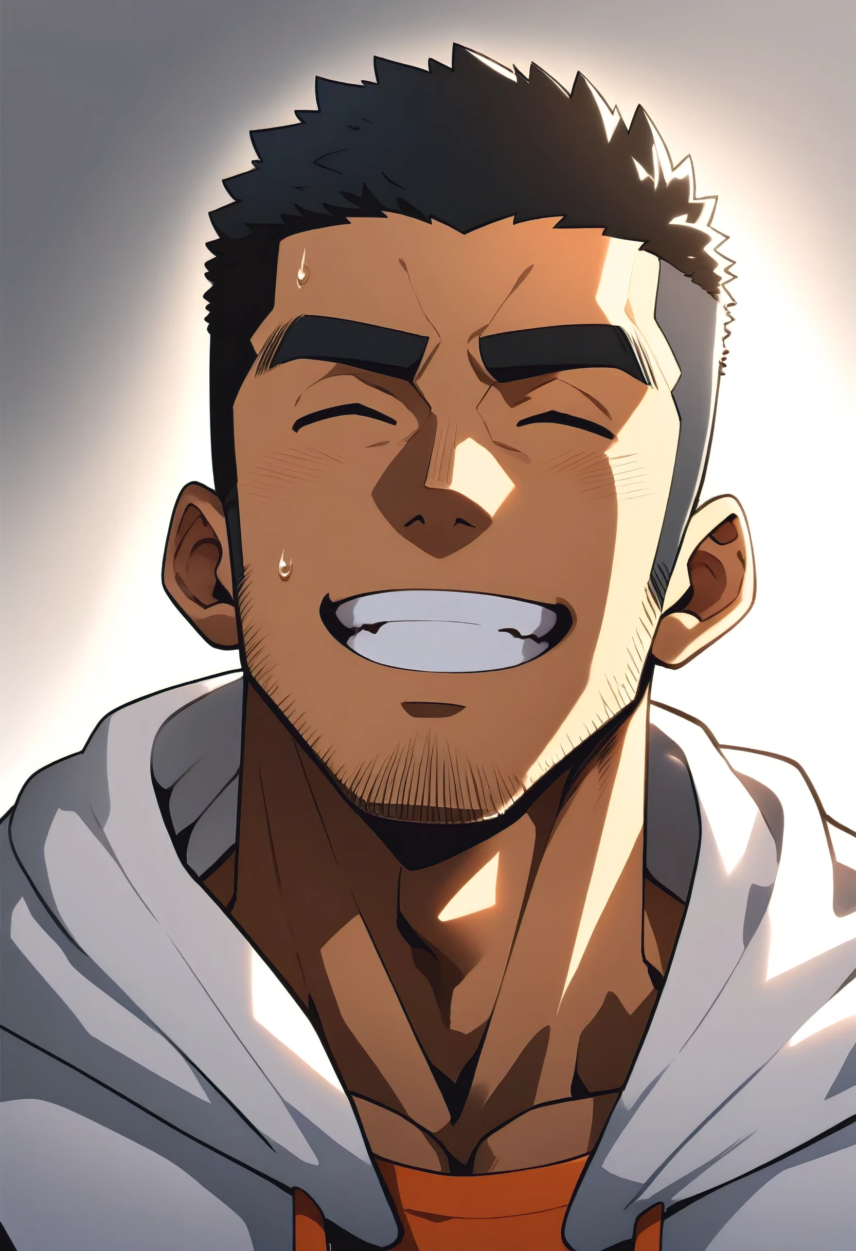 One Black person, anime characters：Gyee, Young Muscle Sports Sexy Teacher, sweat, negro black skin, pectoralis major, male focus, White hooded sports sweatshirt, Wear a black high-necked tights inside, Very tight, muscular male, muscular, only, Upper body, White short hair, Thick eyebrows, stubble, Grey background, simple background, amazing quality, best aesthetics, Ridiculous,crew cut, parted lips, Show your teeth, Embarrassed giggles, He smiled and narrowed his eyes, Squinting smile, best quality