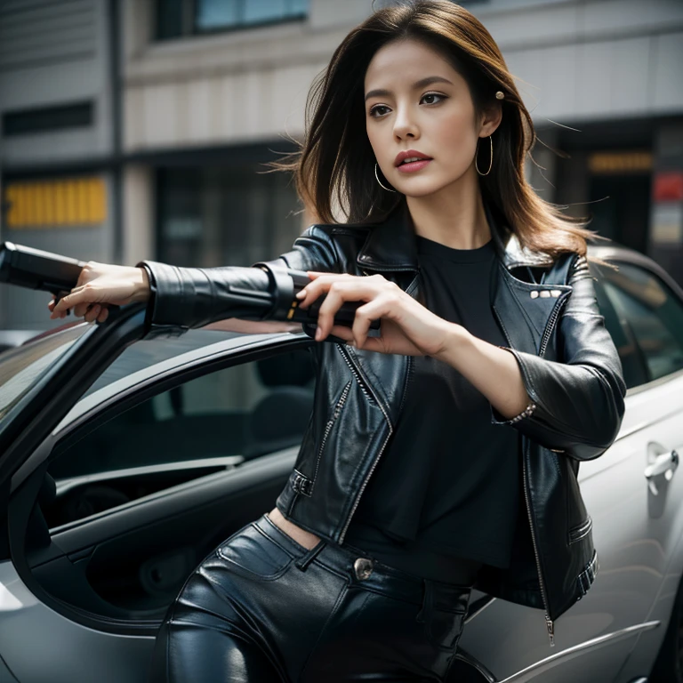 Dirty moving car, leaning out, (woman firing a rifle), long hair, black leather pants, printed T-shirt, black leather jacket, Corvette, photorealistic,