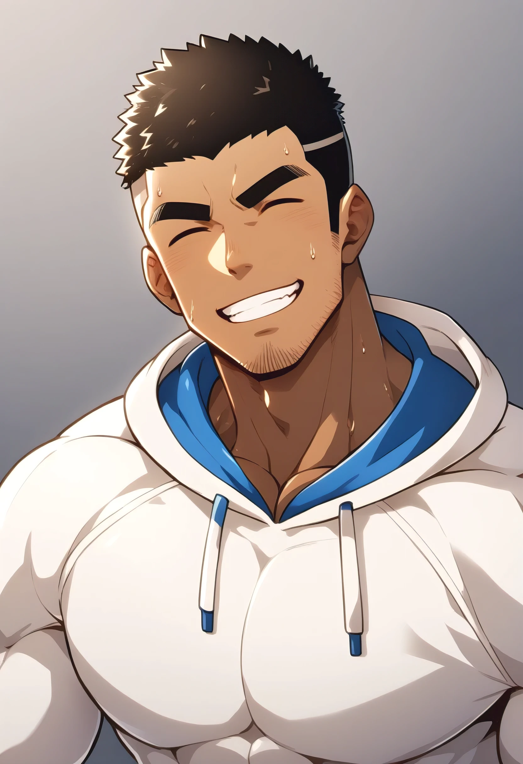 One Black person, anime characters：Gyee, Young Muscle Sports Sexy Teacher, sweat, negro black skin, pectoralis major, male focus, White hooded sports sweatshirt, Wear a black high-necked tights inside, Very tight, muscular male, muscular, only, Upper body, White short hair, Thick eyebrows, stubble, Grey background, simple background, amazing quality, best aesthetics, Ridiculous,crew cut, parted lips, Show your teeth, Embarrassed giggles, He smiled and narrowed his eyes, Squinting smile, best quality