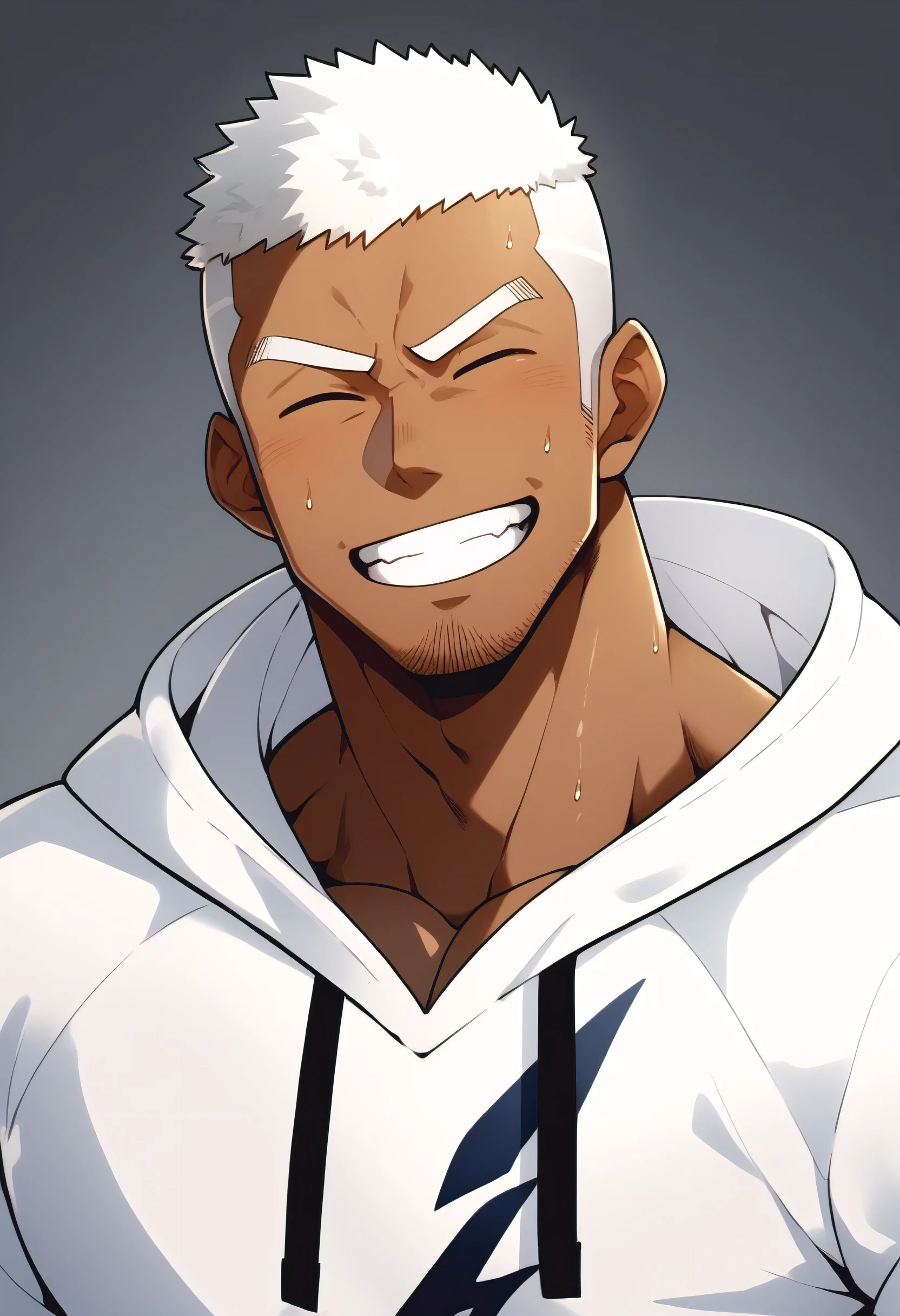 One Black person, anime characters：Gyee, Young Muscle Sports Sexy Teacher, sweat, negro black skin, pectoralis major, male focus, White hooded sports sweatshirt, Wear a black high-necked tights inside, Very tight, muscular male, muscular, only, Upper body, White short hair, Thick eyebrows, stubble, Grey background, simple background, amazing quality, best aesthetics, Ridiculous,crew cut, parted lips, Show your teeth, Embarrassed giggles, He smiled and narrowed his eyes, Squinting smile, best quality