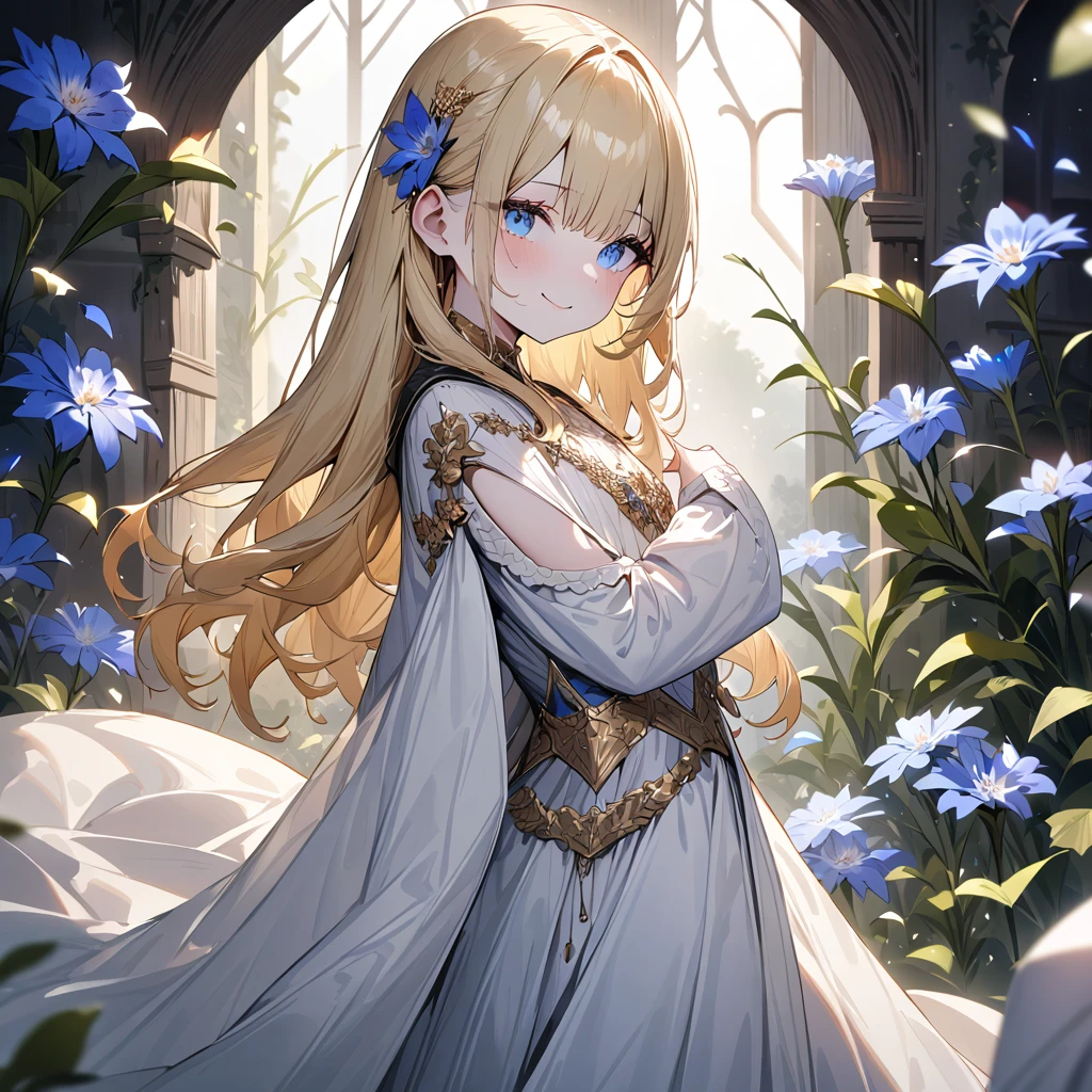 art：Cornflower,(masterpiece),(4K), high quality,( perfect anatomy), flat chest,((One Girl)),(Alone), fairy ,Long blonde hair,Pale skin, Beautiful Delicate Blue Eyes , ( adds dramatic and iconic elements to a highly detailed, elegant ),(Detailed medieval costumes ),Detailed skin, add dramatic and iconic elements to the scene , Silky to the touch,  hyper detail ,romantic, charming smile,  browse viewers , (Rich and colorful),( walking through a field of white flowers ),A quiet and dreamy atmosphere 、 give warmth and charm to the overall scene.。,(Look to the side),From the side,Cinema Lighting