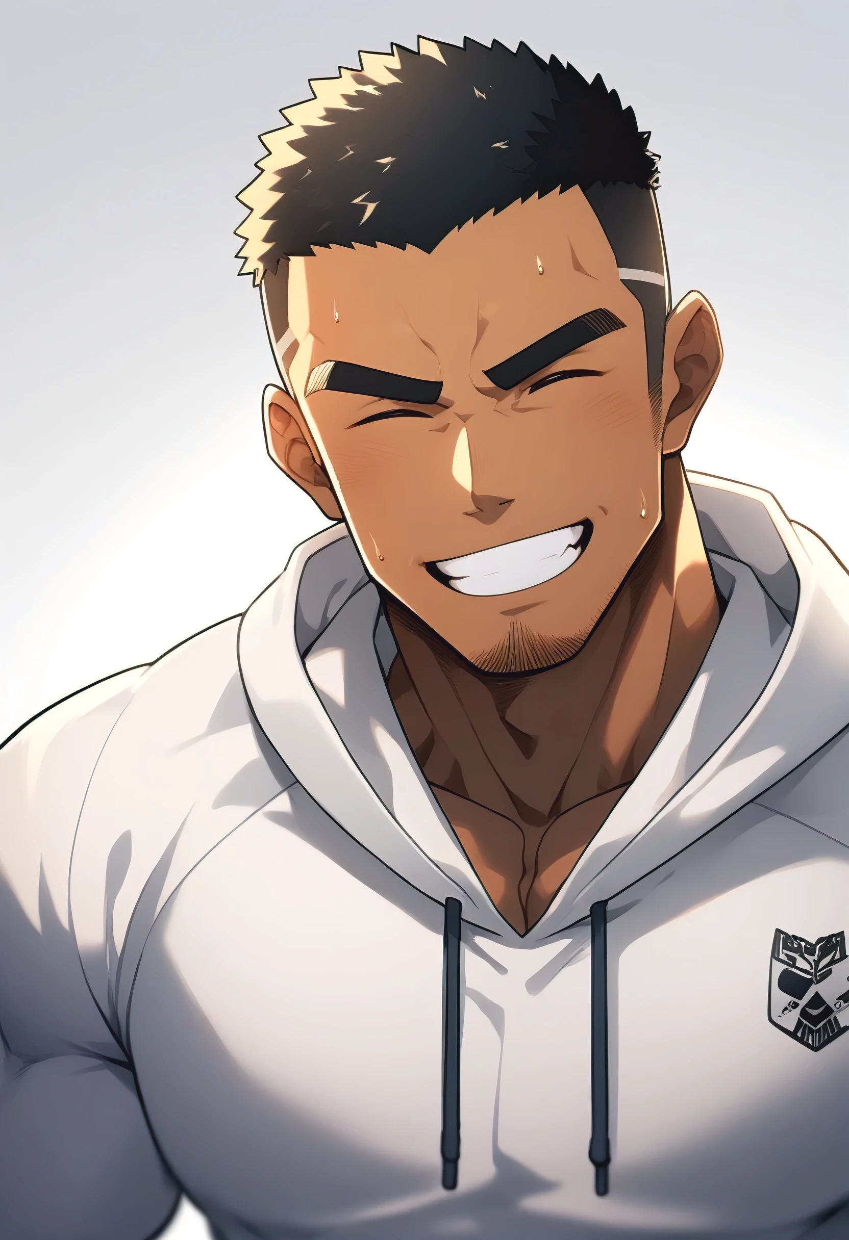 One Black person, anime characters：Gyee, Young Muscle Sports Sexy Teacher, sweat, negro black skin, pectoralis major, male focus, White hooded sports sweatshirt, Wear a black high-necked tights inside, Very tight, muscular male, muscular, only, Upper body, White short hair, Thick eyebrows, stubble, Grey background, simple background, amazing quality, best aesthetics, Ridiculous,crew cut, parted lips, Show your teeth, Embarrassed giggles, He smiled and narrowed his eyes, Squinting smile, best quality