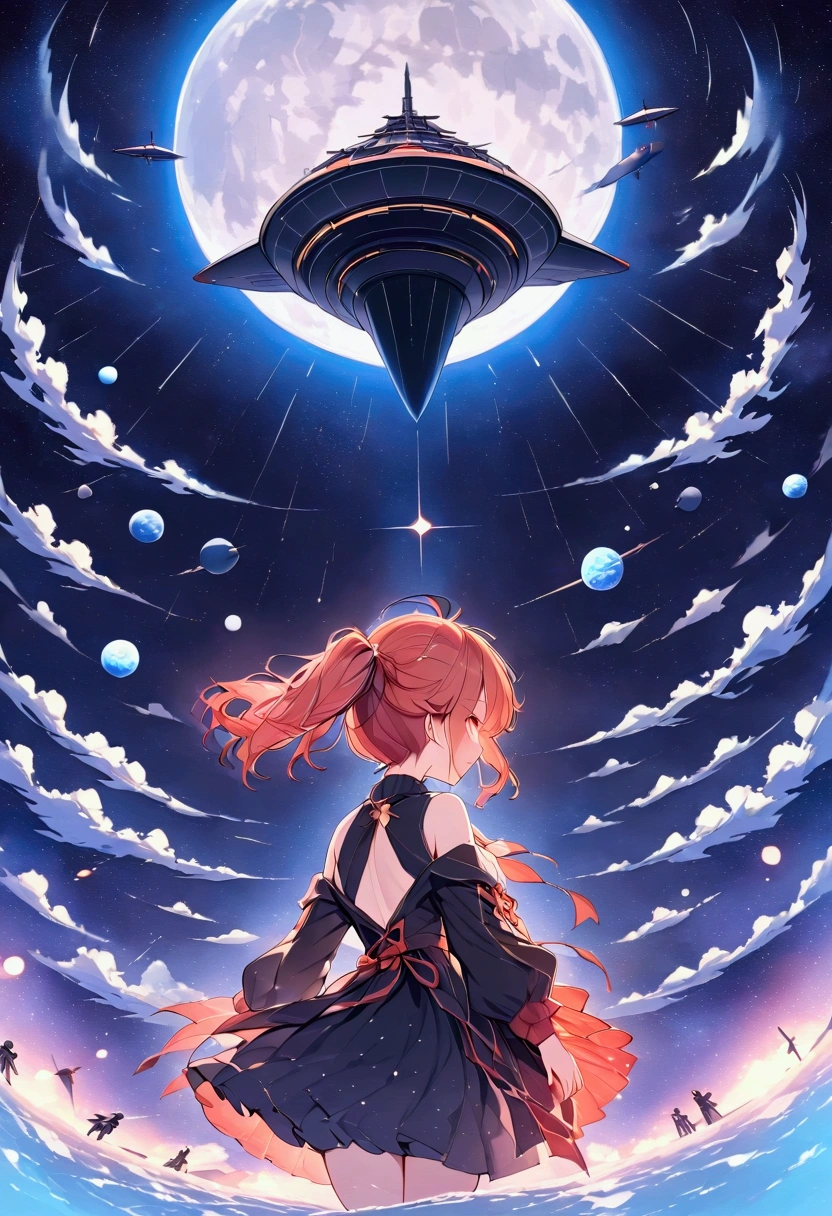 (masterpiece),( best quality ), Star-gazing  , woman, Red Hair,  ponytail,  casual wear , 1 giant spaceship ,  cigar shaped spaceship is flying in the night sky, A star-filled sky, full moon,8k,   detailed costume,  full moon , it's illuminated by the spaceship,  far away from the audience ,Illustration from behind, from oblique back, Sadness, tragic, Aftermath ,  Illustration Feeling the Wind , SF,    Fantastic Scenery , beautifully detailed night sky, (watercolor|1.3)