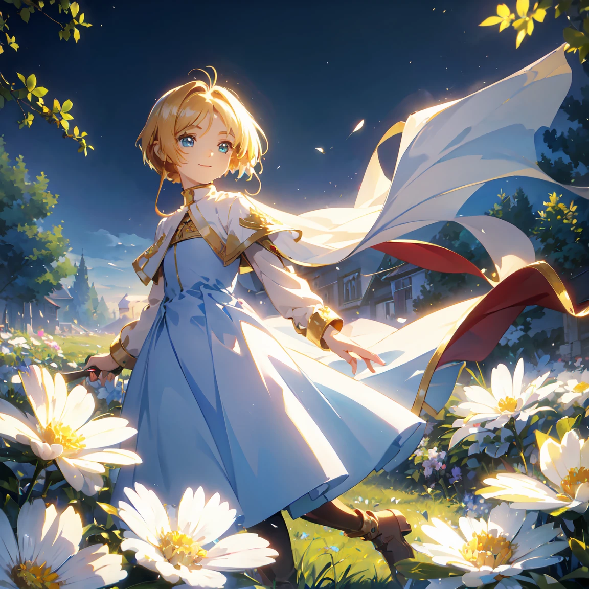 art：Cornflower,(masterpiece),(4K), high quality,( perfect anatomy), flat chest,((One Girl)),(Alone), fairy ,Long blonde hair,Pale skin, Beautiful Delicate Blue Eyes , ( adds dramatic and iconic elements to a highly detailed, elegant ),(Detailed medieval costumes ),Detailed skin, add dramatic and iconic elements to the scene , Silky to the touch,  hyper detail ,romantic, charming smile,  browse viewers , (Rich and colorful),( walking through a field of white flowers ),A quiet and dreamy atmosphere 、 give warmth and charm to the overall scene.。,(Look to the side),From the side,Cinema Lighting