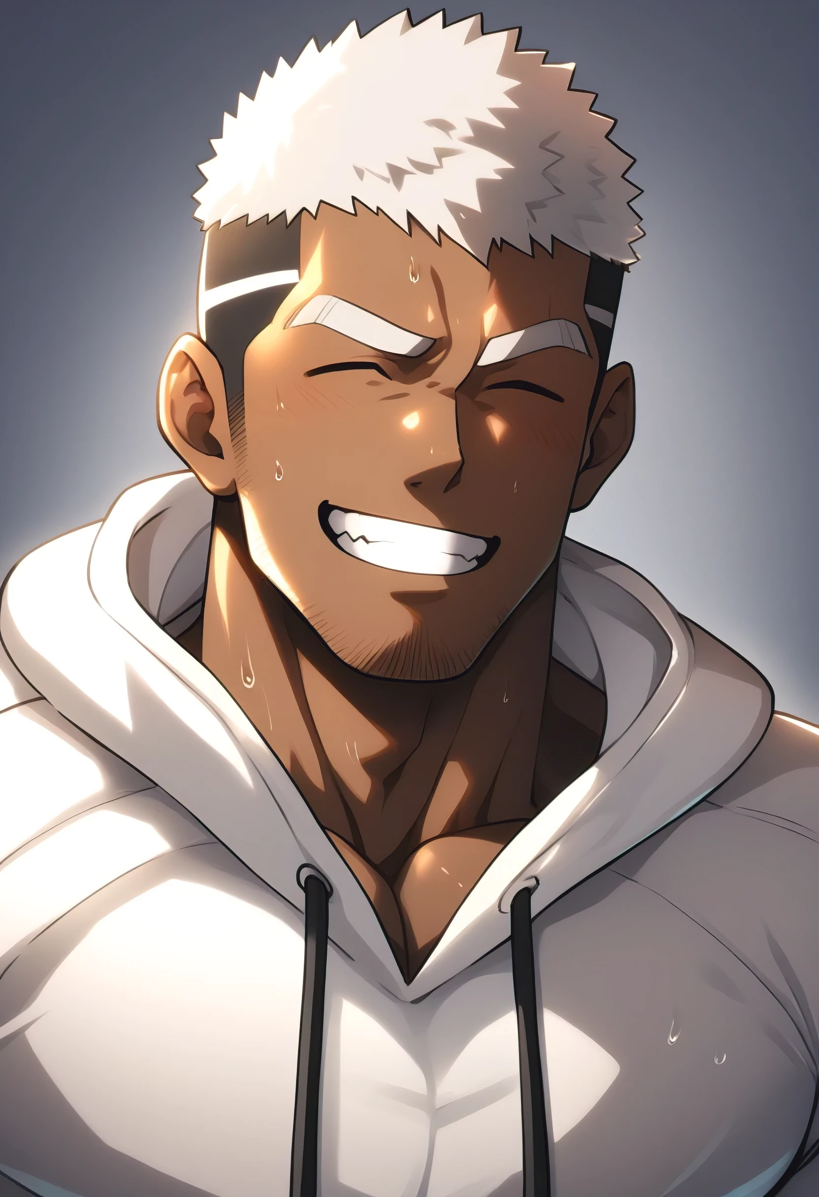 One Black person, anime characters：Gyee, Young Muscle Sports Sexy Teacher, sweat, negro black skin, pectoralis major, male focus, White hooded sports sweatshirt, Wear a black high-necked tights inside, Very tight, muscular male, muscular, only, Upper body, White short hair, Thick eyebrows, stubble, Grey background, simple background, amazing quality, best aesthetics, Ridiculous,crew cut, parted lips, Show your teeth, Embarrassed giggles, He smiled and narrowed his eyes, Squinting smile, best quality