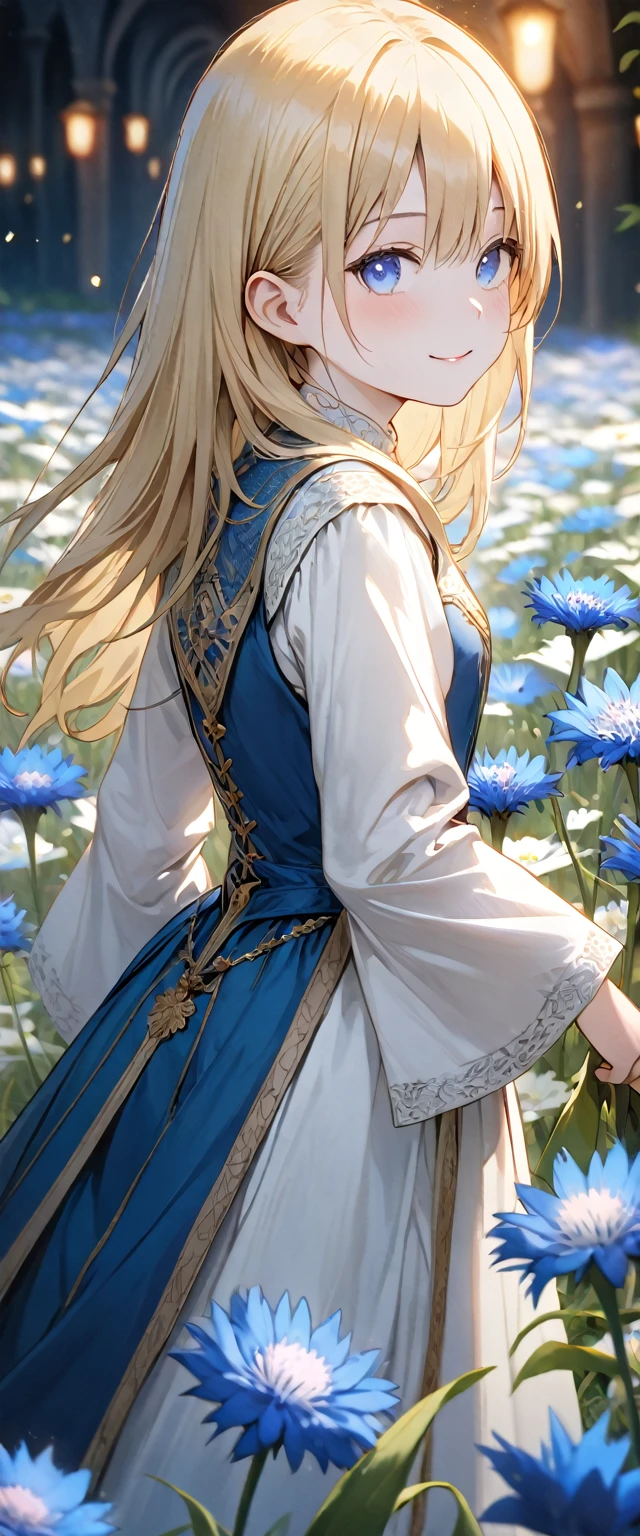 art：Cornflower,(masterpiece),(4K), high quality,( perfect anatomy), flat chest,((One Girl)),(Alone), fairy ,Long blonde hair,Pale skin, Beautiful Delicate Blue Eyes , ( adds dramatic and iconic elements to a highly detailed, elegant ),(Detailed medieval costumes ),Detailed skin, add dramatic and iconic elements to the scene , Silky to the touch,  hyper detail ,romantic, charming smile,  browse viewers , (Rich and colorful),( walking through a field of white flowers ),A quiet and dreamy atmosphere 、 give warmth and charm to the overall scene.。,(Look to the side),From the side,Cinema Lighting