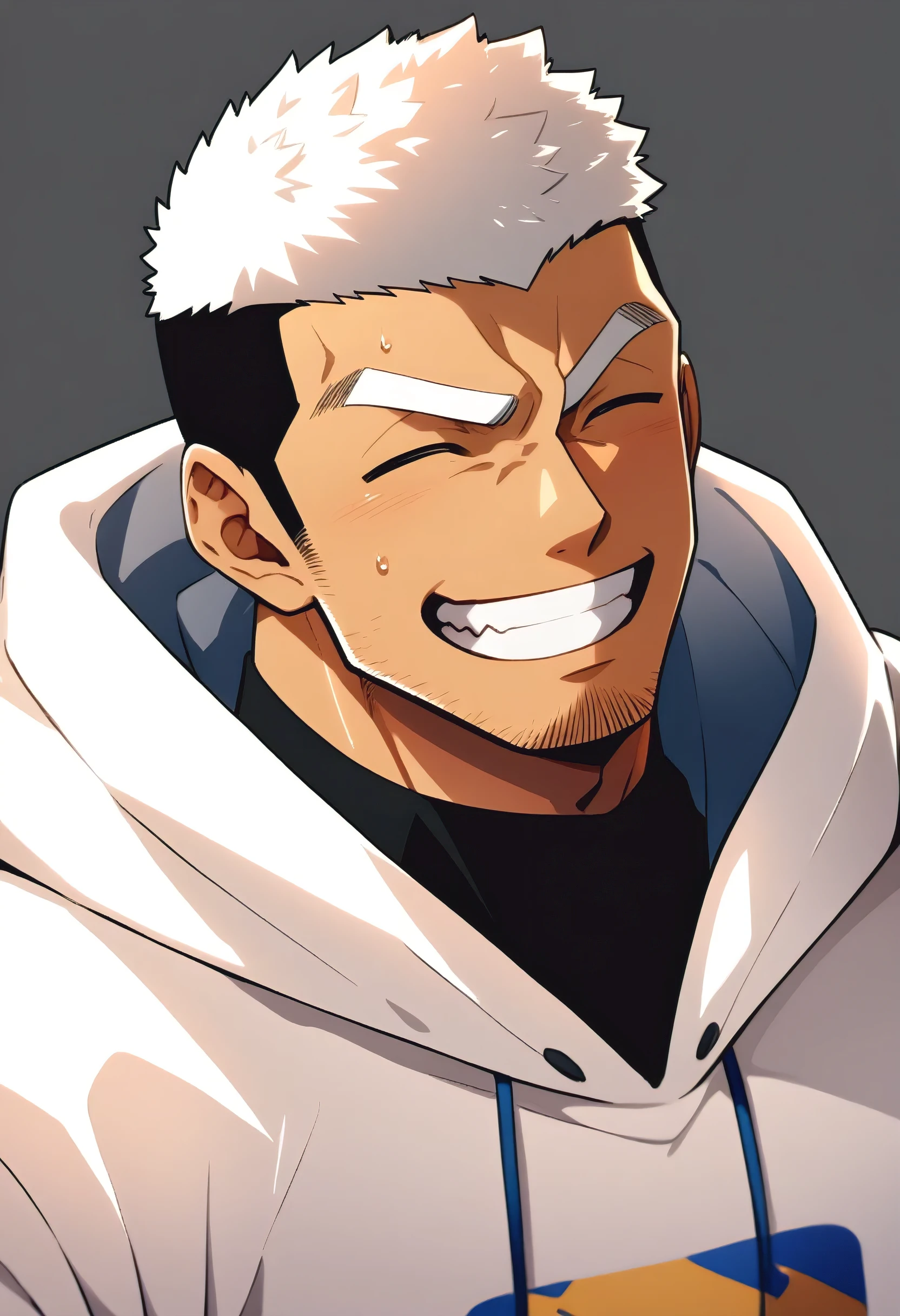 One Black person, anime characters：Gyee, Young Muscle Sports Sexy Teacher, sweat, negro black skin, pectoralis major, male focus, White hooded sports sweatshirt, Wear a black high-necked tights inside, Very tight, muscular male, muscular, only, Upper body, White short hair, Thick eyebrows, stubble, Grey background, simple background, amazing quality, best aesthetics, Ridiculous,crew cut, parted lips, Show your teeth, Embarrassed giggles, He smiled and narrowed his eyes, Squinting smile, best quality