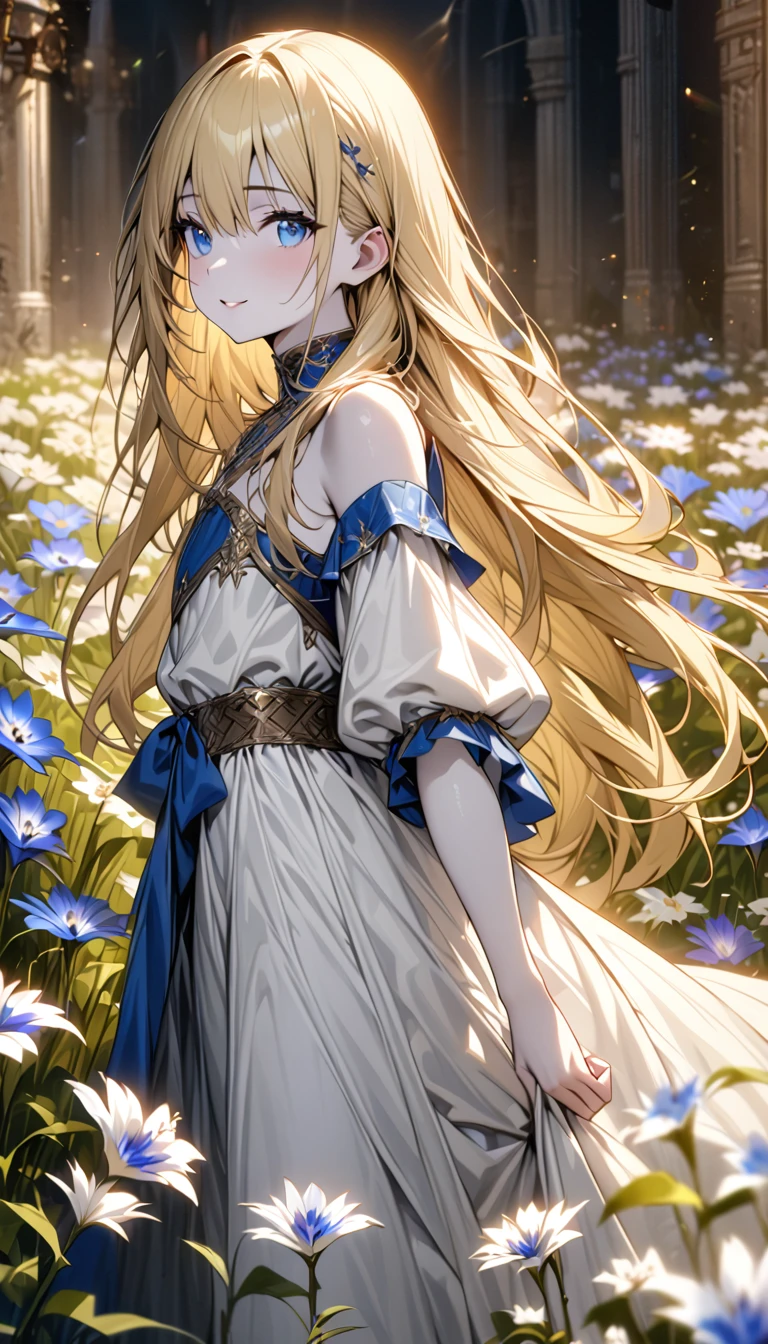 art：Cornflower,(masterpiece),(4K), high quality,( perfect anatomy), flat chest,((One Girl)),(Alone), fairy ,Long blonde hair,Pale skin, Beautiful Delicate Blue Eyes , ( adds dramatic and iconic elements to a highly detailed, elegant ),(Detailed medieval costumes ),Detailed skin, add dramatic and iconic elements to the scene , Silky to the touch,  hyper detail ,romantic, charming smile,  browse viewers , (Rich and colorful),( walking through a field of white flowers ),A quiet and dreamy atmosphere 、 give warmth and charm to the overall scene.。,(Look to the side),From the side,Cinema Lighting