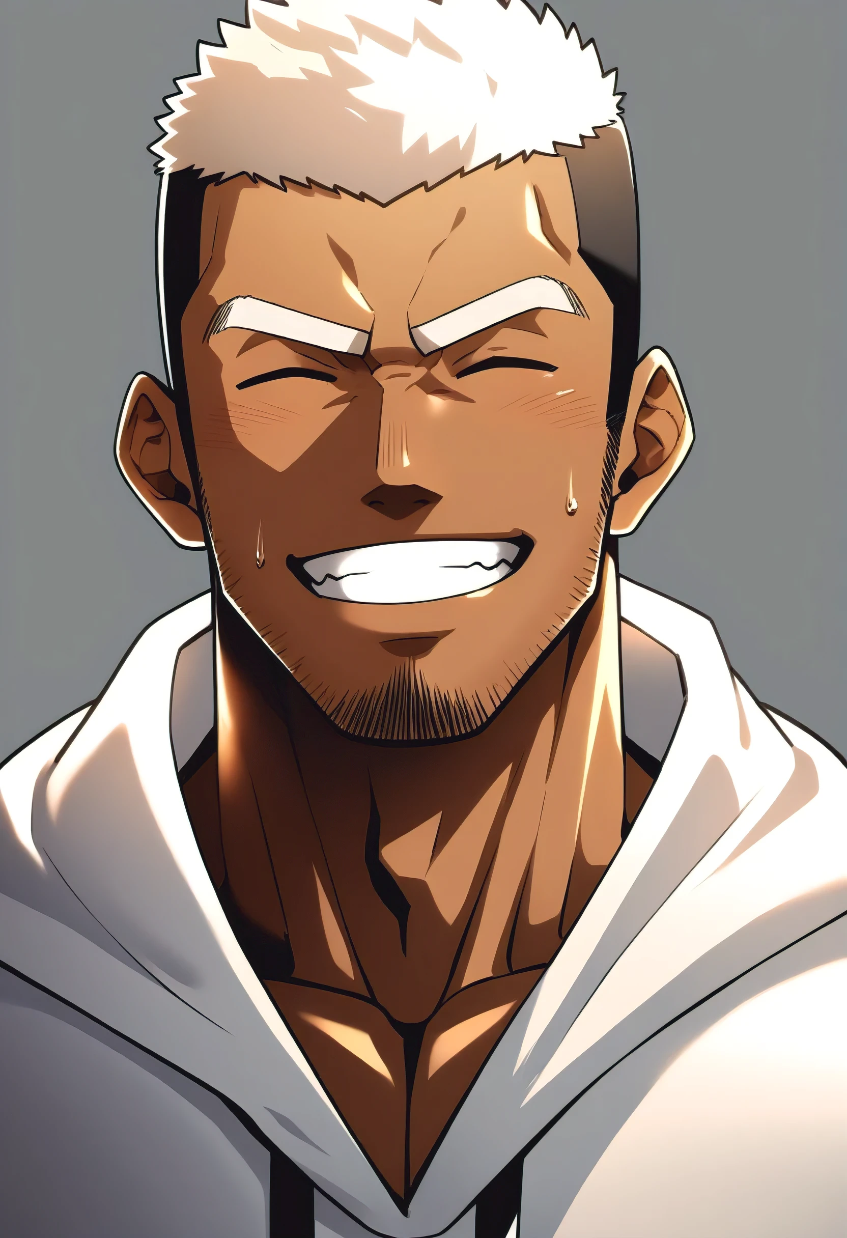 One Black person, anime characters：Gyee, Young Muscle Sports Sexy Teacher, sweat, negro black skin, pectoralis major, male focus, White hooded sports sweatshirt, Wear a black high-necked tights inside, Very tight, muscular male, muscular, only, Upper body, White short hair, Thick eyebrows, stubble, Grey background, simple background, amazing quality, best aesthetics, Ridiculous,crew cut, parted lips, Show your teeth, Embarrassed giggles, He smiled and narrowed his eyes, Squinting smile, best quality