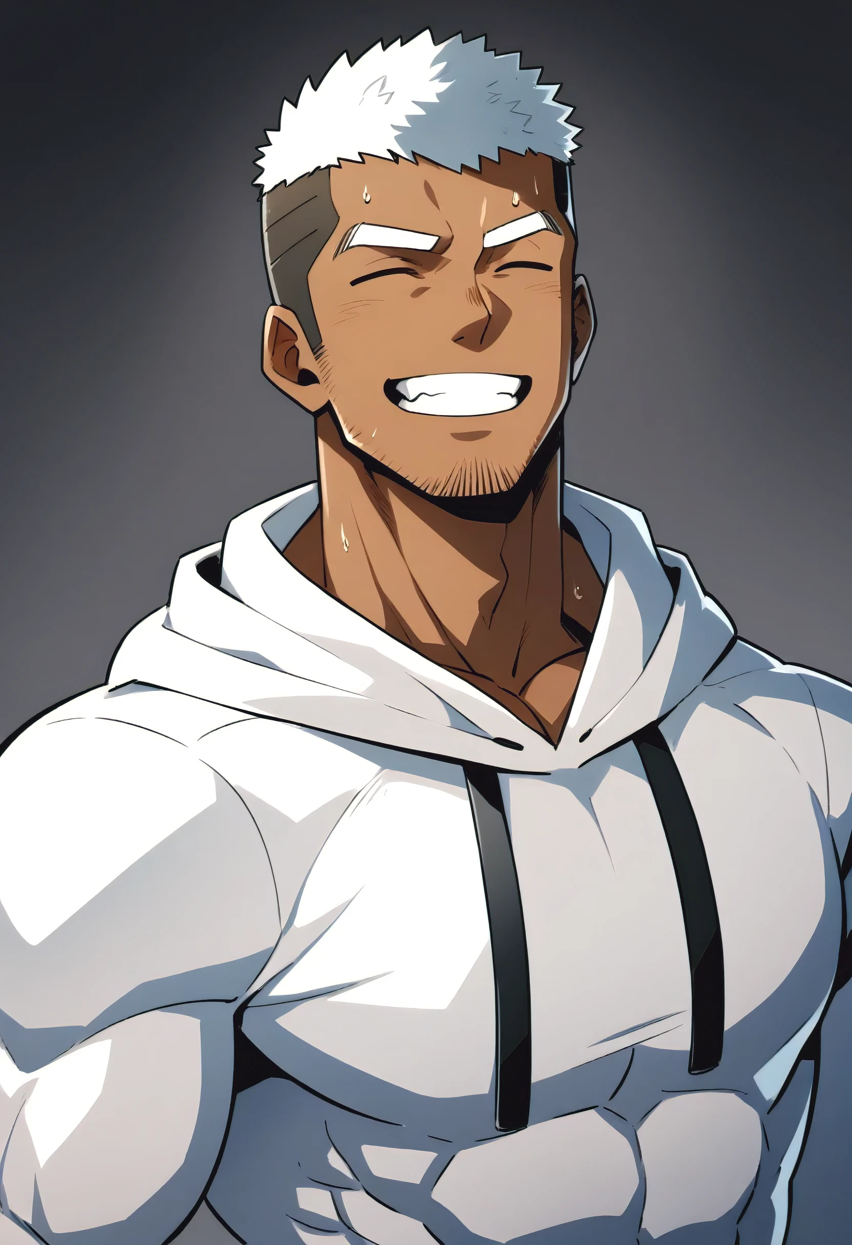 One Black person, anime characters：Gyee, Young Muscle Sports Sexy Teacher, sweat, negro black skin, pectoralis major, male focus, White hooded sports sweatshirt, Wear a black high-necked tights inside, Very tight, muscular male, muscular, only, Upper body, White short hair, Thick eyebrows, stubble, Grey background, simple background, amazing quality, best aesthetics, Ridiculous,crew cut, parted lips, Show your teeth, Embarrassed giggles, He smiled and narrowed his eyes, Squinting smile, best quality